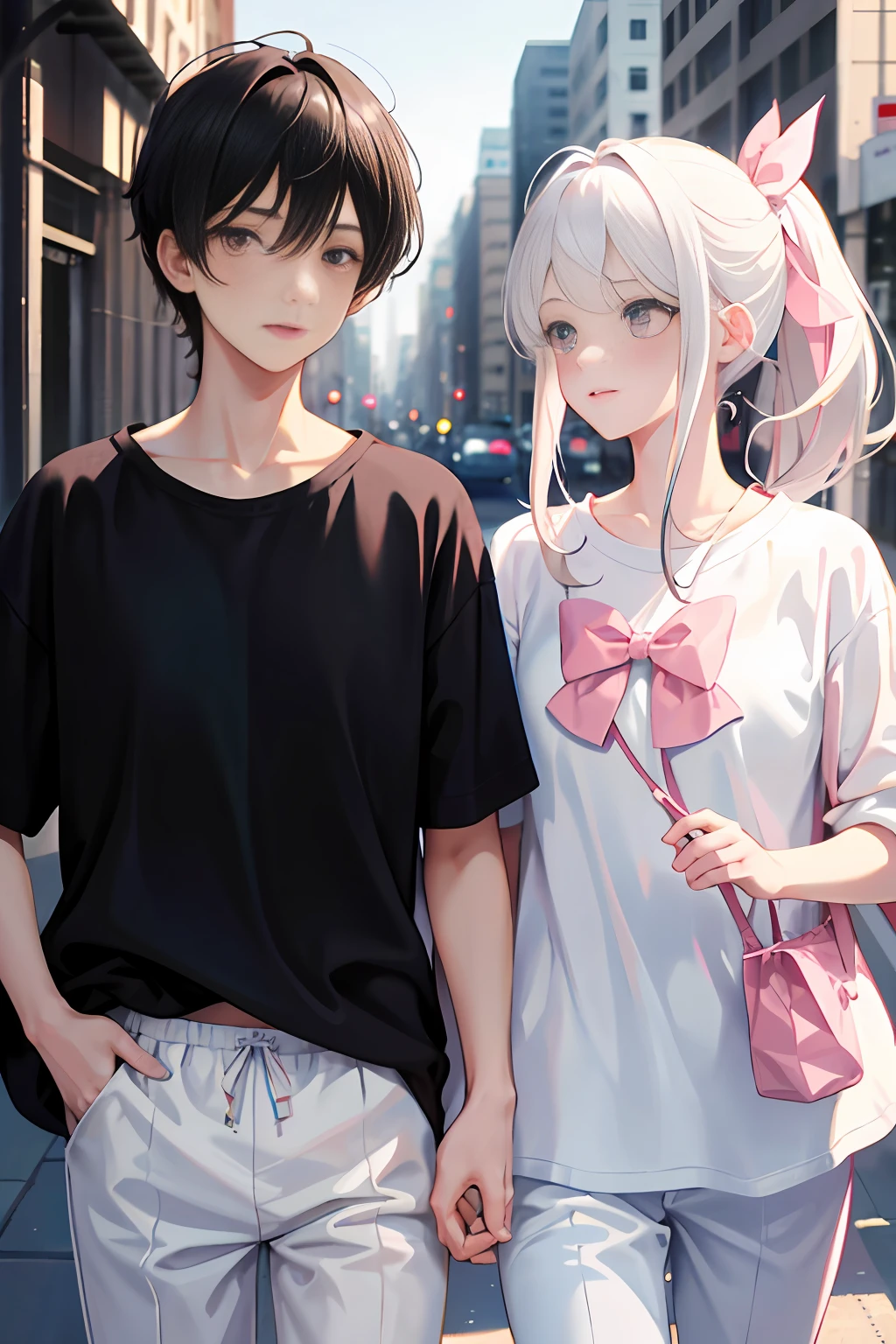Masterpiece, best quality, super detailed, illustration, beautiful detailed eyes, close up, with a boy and a girl. It is white hair, pink bow, white pajamas. The boy is black hair, comma hair, white t-shirt, black pants. Boys and girls on the street