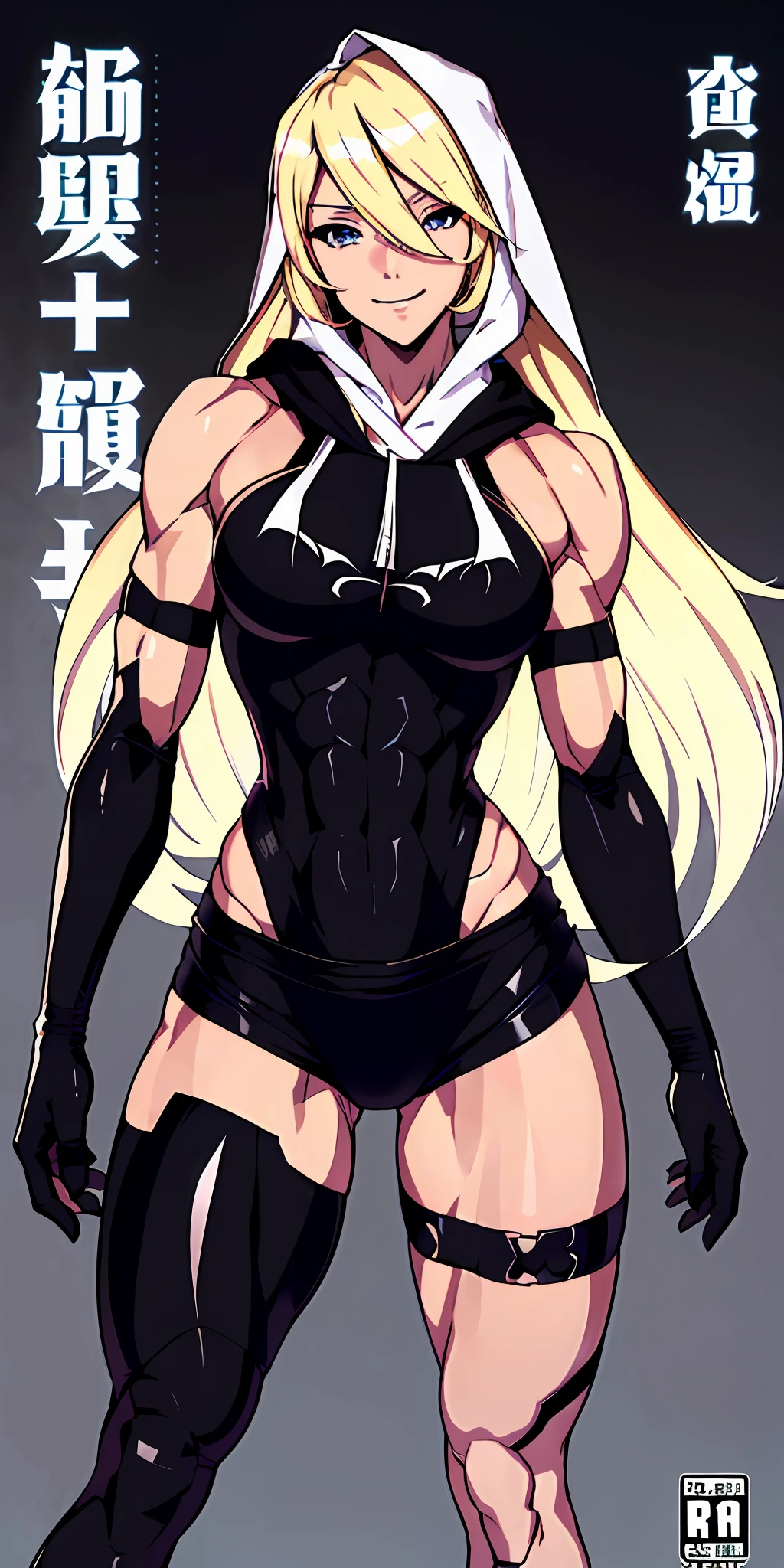 anime waifu bodybuilder, beautiful face, smiling face, perfect body, fit body, abdomen, large breasts, muscular, (((hair) long and blonde), ((clothing) ninja tights of white color, torn), (cover covering body of black color, and hood covering head of black color), character A2