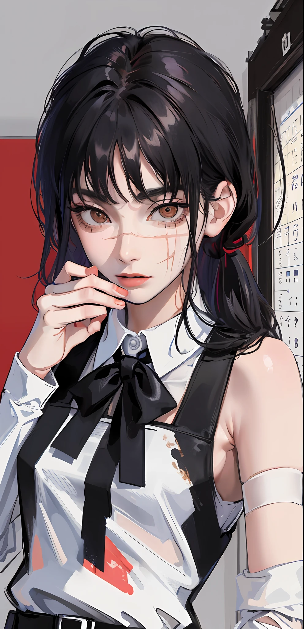 ((masterpiece, best quality)), (1girl), (solo), (female focus), Yoru \(chainsaw man\),(very detailed face, real image, realistic skin, realistic body, intricate details), upper body, focus on face, dark eyes, bandages over the body, black hair, hair tied, far sleeve shirt, pinaforee dress, black tie, bandages, blood, bandages, blood, blood, small breasts, classroom, students, Blur background