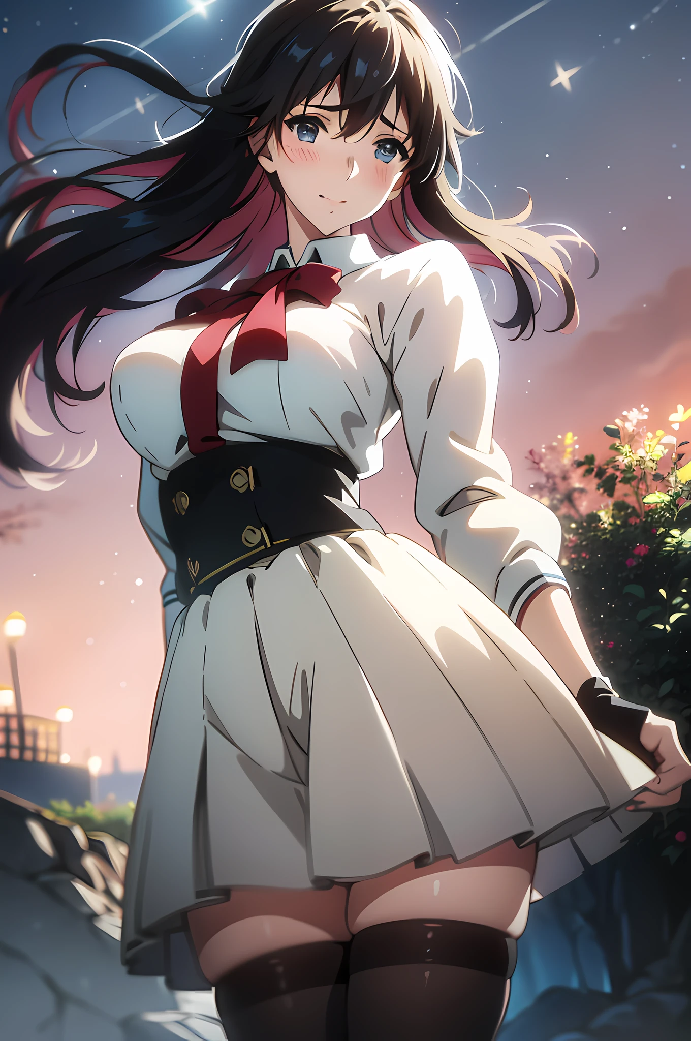 highres, ultra detailed, (1girl:1.3), (dynamic pose):1.0 BREAK, 1 extremely beautiful and glamorous high school girl standing river side at night, anime girl, wearing a white collard shirt and a knee-length long pleats skirt, (black stockings), she has black wavy pony-tail hair style, gigantic-breasted, smile, happy, wind, 8 life size, detailed clothes, detailed body, detailed arms, human hands, detailed hands, full body shot, hip focus, blush, light smile, looking the viewer, facing the viewer, staring the viewer, Lights are lit around the beach and stars are shining in the sky, studio soft light, cinematic light, detailed background, realistic, ultra-realistic, masterpiece, 32k ultra-sharp image, Japanese anime waifu, concept art by Kyoto animation, ufotable style, anime cap, Makoto Shinkai,