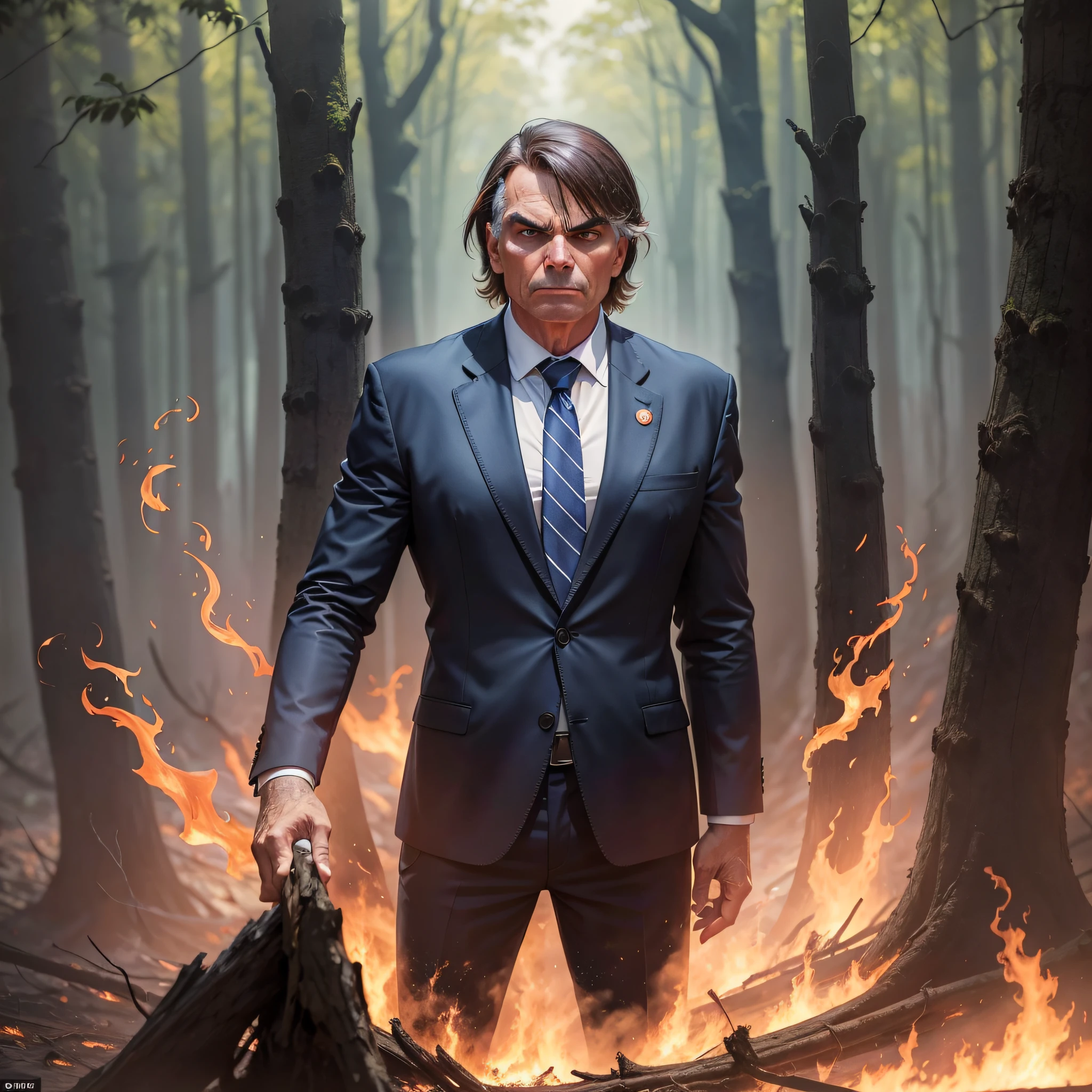 President Bolsonaro dressed in a suit with an evil expression stands in the middle of a clearing in a burning forest --auto --s2