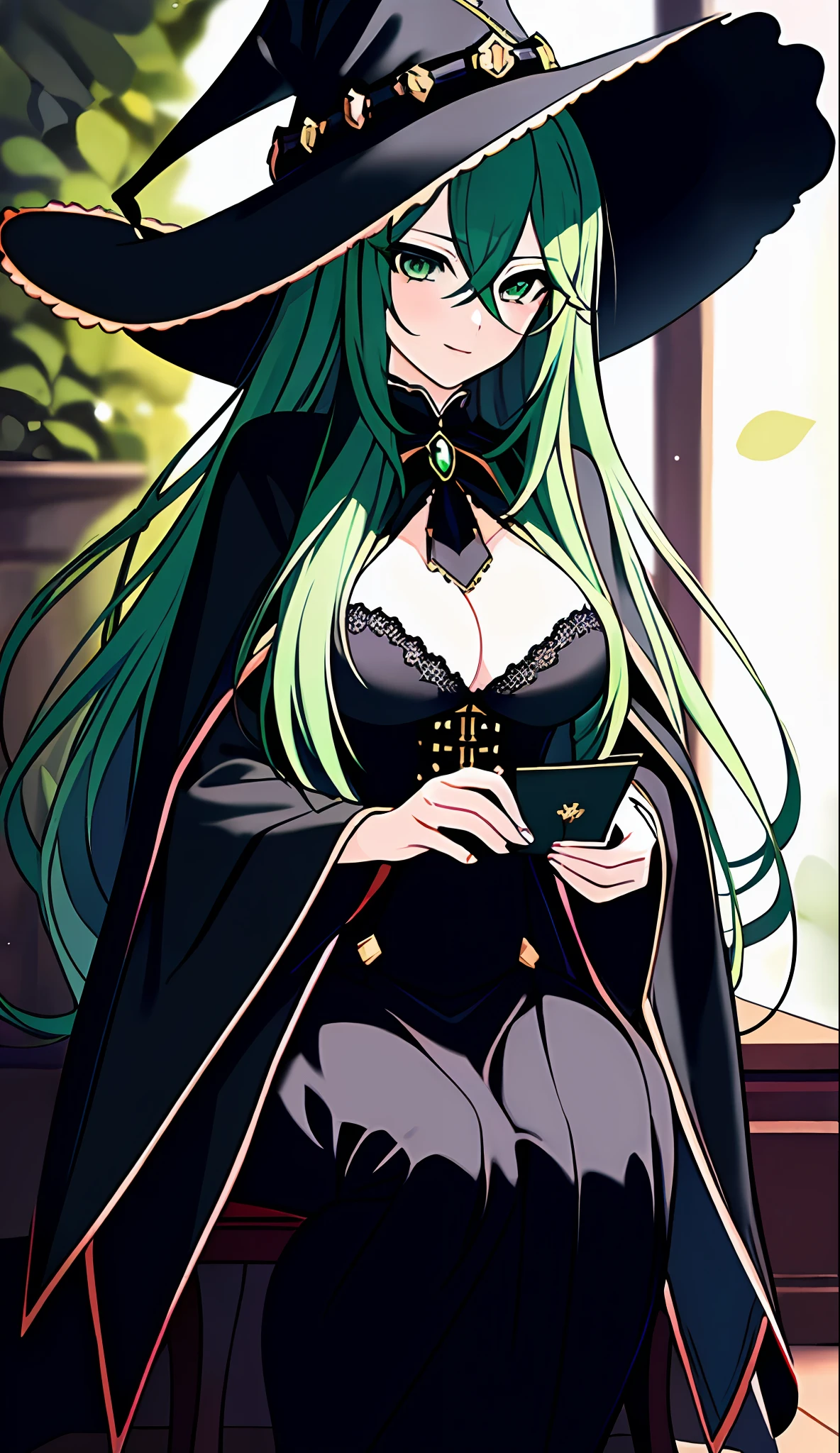 18 years old beautiful girl, ((Masterpiece)))), (((Best Quality)))), ((Very detailed))), Detailed fingers, Precise fingers, Non-unnatural hands, Illustration, 1 girl, Solo, Green Long Hair, Black Witch Hat, Black Cloak, Full Body Black Tights, Green Eyes, NASTUMI, Big Breasts