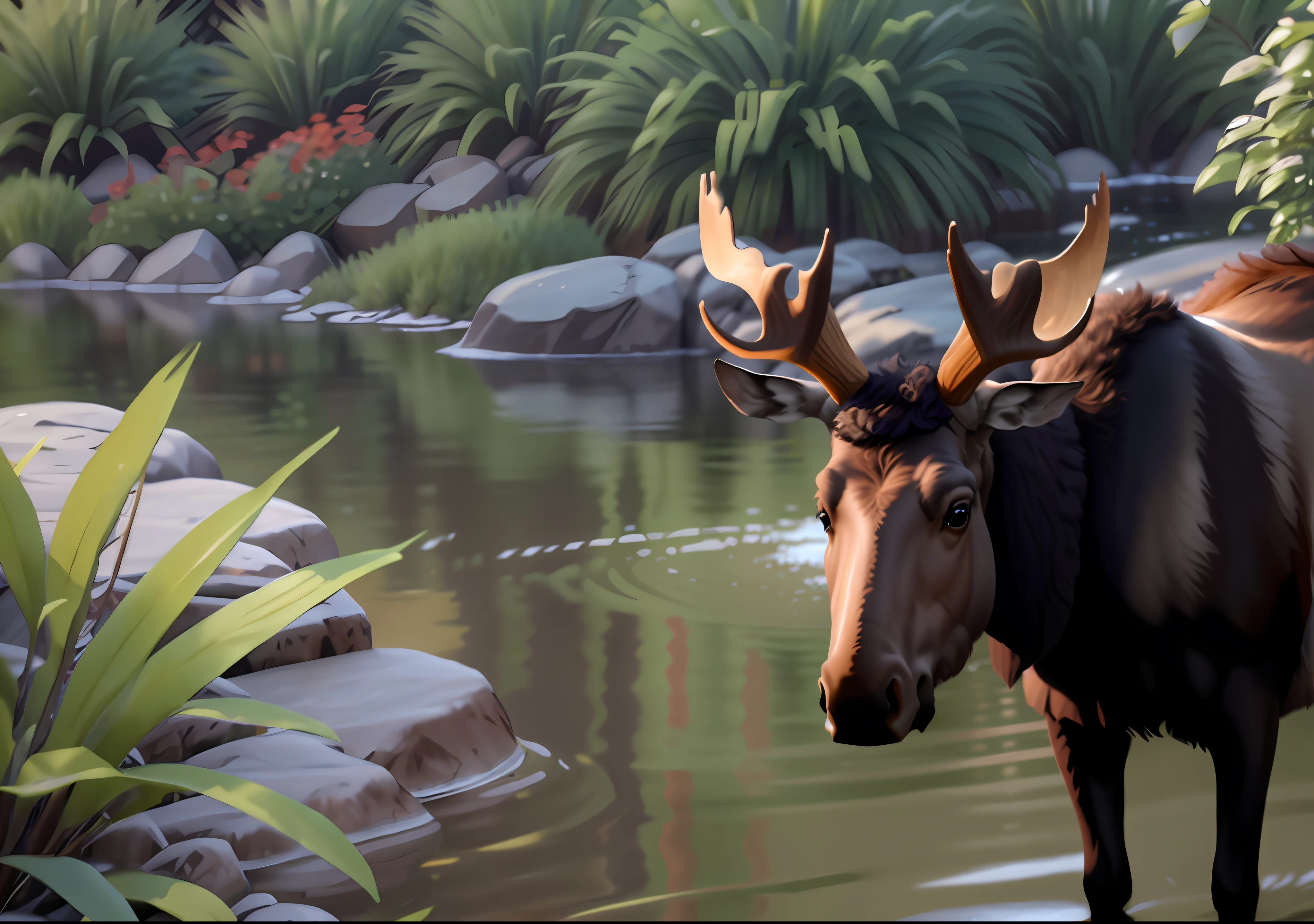there is a moose standing in the water with antlers on its head, high quality photorealism, 4k photorealism, 4 k photorealism, fully photorealistic, realistic scene, ultra photorealistic raytracing, 8 k ultra realistic animal, 8k photorealism, 8 k photorealism, realistic nature, high resolution and detail, photorealism 8k