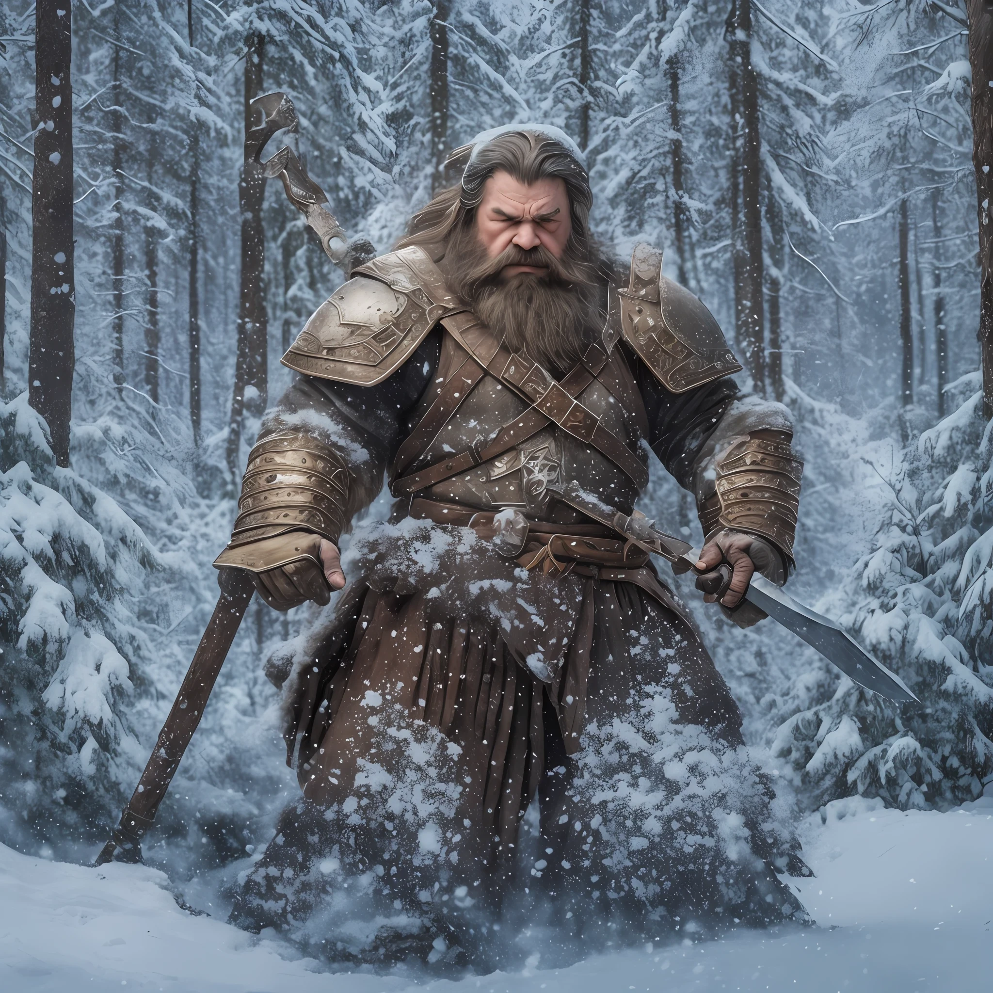 dwarf man, big beard, with muscles, heavy armor, holding a heavy axe, in a forest, snow, 8k ultra realistic --auto --s2