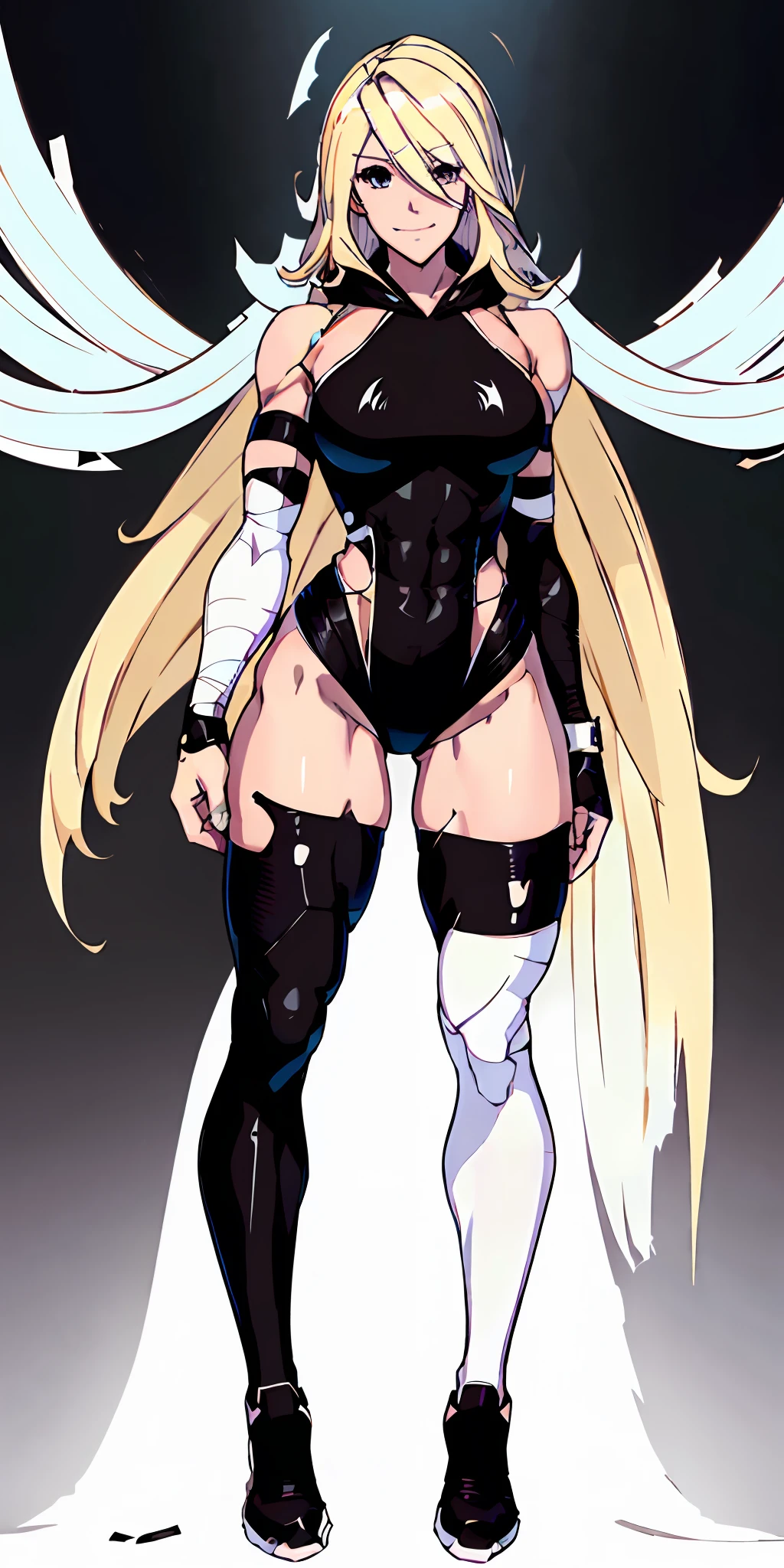 anime waifu bodybuilder, cute face, smiling face, perfect body, fit body, abdomen, large breasts, muscular, (((hair) long and blonde), ((clothing) white colored tight swimsuit, torn), (torn cape at the tip covering the body of black color, and hood covering the head of black color), character A2, (white and torn bandages on the arms and legs)