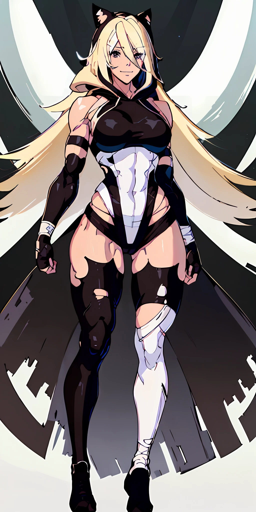 anime waifu bodybuilder, cute face, smiling face, perfect body, fit body, abdomen, large breasts, muscular, (((hair) long and blonde), ((clothing) white colored tight swimsuit, torn), (torn cape at the tip covering the body of black color, and hood covering the head of black color), character A2, (white and torn bandages on the arms and legs)