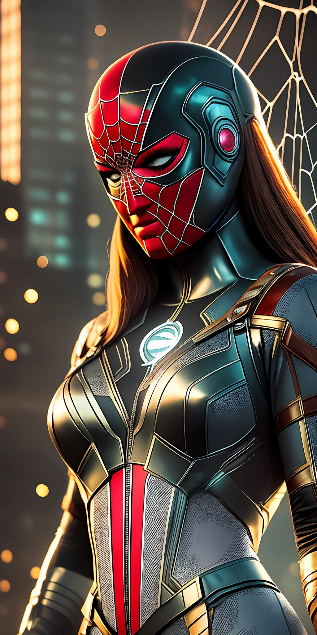 The best possible quality in 8k resolution with an ultra-detailed image of Mary Jane in sexy Spider-Woman costume, in a futuristic costume fused with the Captain America suit, with a metallic spider web background. The focus is on the detailed textures and light and shadow effects on the suit. Add a touch of Cyberpunk style to the composition. Metaphor with metallic cobweb in the background, will add a stunning effect to the final image. ." --auto --s2
