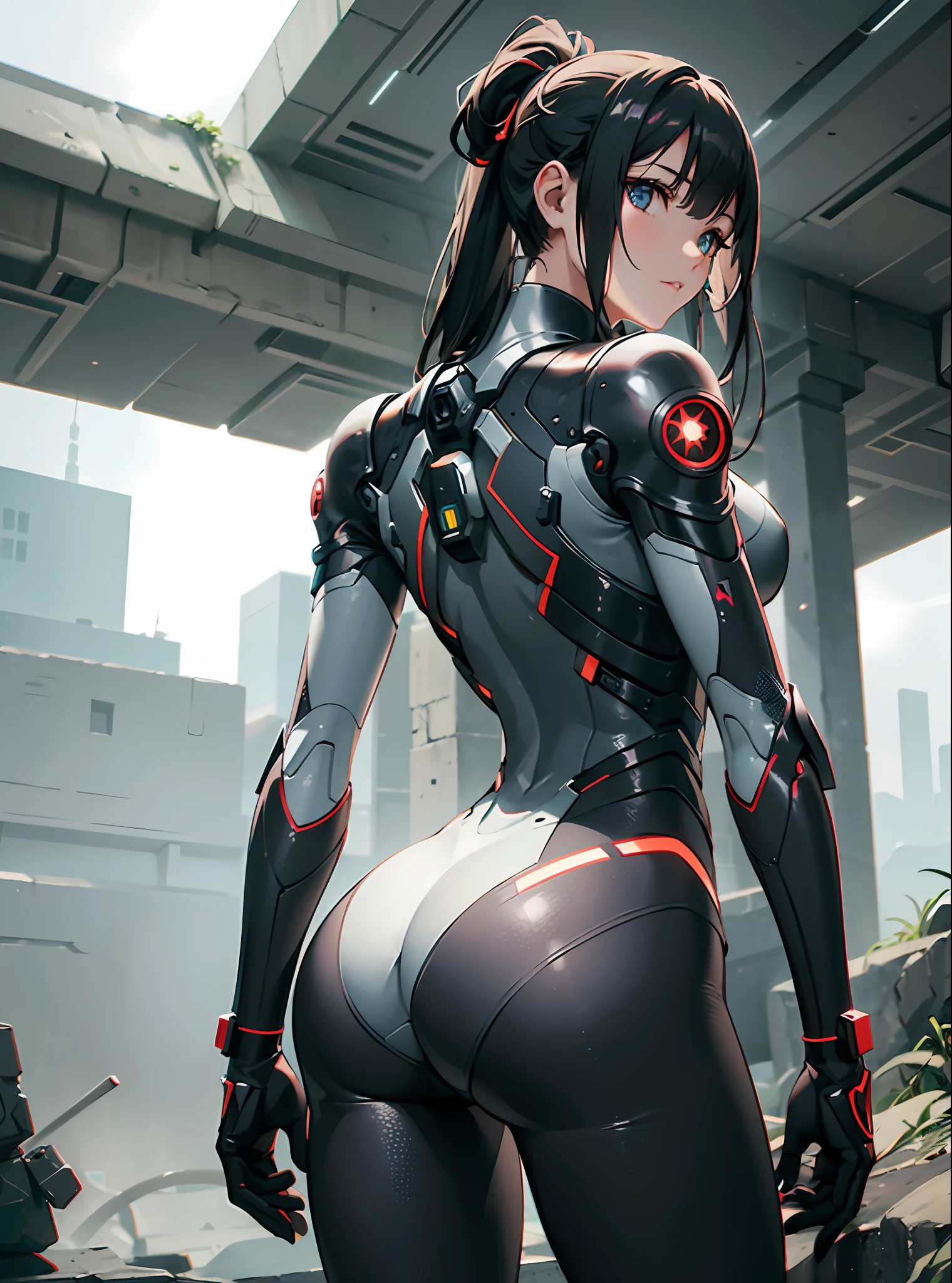 ((Best Quality)), ((Masterpiece)), (High Definition:1.3), 3D,Shitsumeka, Beautiful Cyberpunk Woman with Mecha in the Ruins of Forsaken War City, Ancient Technology,HDR,Ray Tracing,NVIDIA RTX,Super Resolution,Unreal 5,Subsurface Scattering,PBR Texturing,Post-Processing, Anisotropic Filtering, Depth of Field, Maximum Clarity and Sharpness, Multilayer Textures, Albedo and Specular Maps, Surface Shading, Accurate Simulation of Light-Material Interactions, Perfect Proportions, Octane Rendering, Two-tone Lighting, Low ISO, White Balance, Rule of Thirds, Wide Aperture, 8K RAW, Efficient Subpixels, subpixel convolution, luminous particles, light scattering, tyndall effect, back view