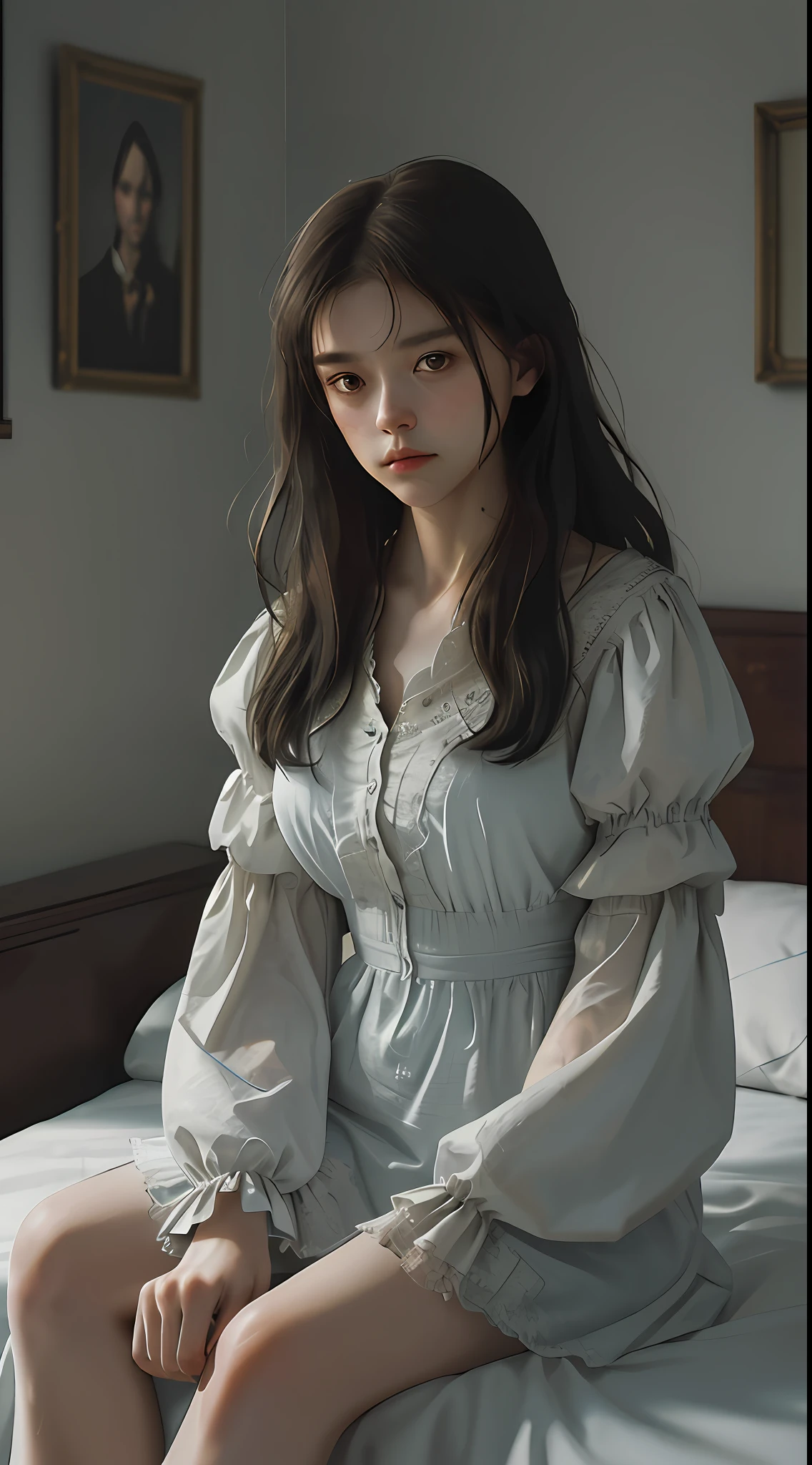 ((Best Quality)), ((Masterpiece)), (detailed), Melancholy Portrait of a Messy Young Woman, (Asymmetry: 1.2), sitting on a bed in a dim and cluttered room. The subject exudes a feeling of frustration and exhaustion, and her (tattered: 1.2) clothes and (haggard: 1.2) appearance emphasize her sense of despair. The photo was taken from a medium distance, and (low-key: 1.3) the lighting creates a gloomy and introspective atmosphere. The art style is inspired by (Dutch Masters: 1.3) technique, careful attention (subtle contrasts: 1.2) and (delicate textures: 1.2) to convey the complex emotions of the subject. She held a drink in her hand, adding a sense of vulnerability and vulnerability to the scene. Despite her disheveled appearance, her face is still (delicate beauty: 1.3), with delicate facial features and a quiet sense of dignity, full body photo, sitting on the bed,