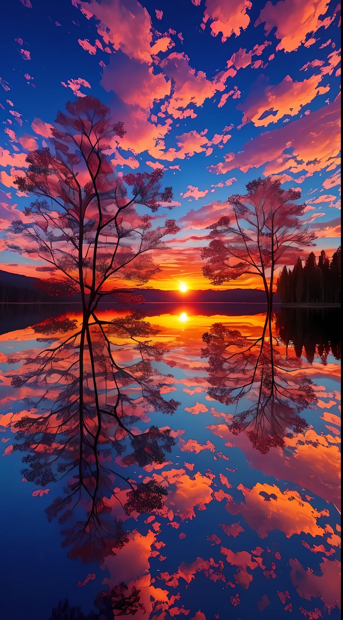 there is a beautiful sunset with a lake and trees in the background, colorful skies, surreal colors, colorful sunset, colorful sky, marvellous reflection of the sky, stunning sky, dream like atmosphere 8k, colorful clouds, colors reflecting on lake, surreal sky, red and blue reflections, fire reflection, beautiful sky, beautiful and spectacular dusk, beautiful dreamy landscape, amazing sky