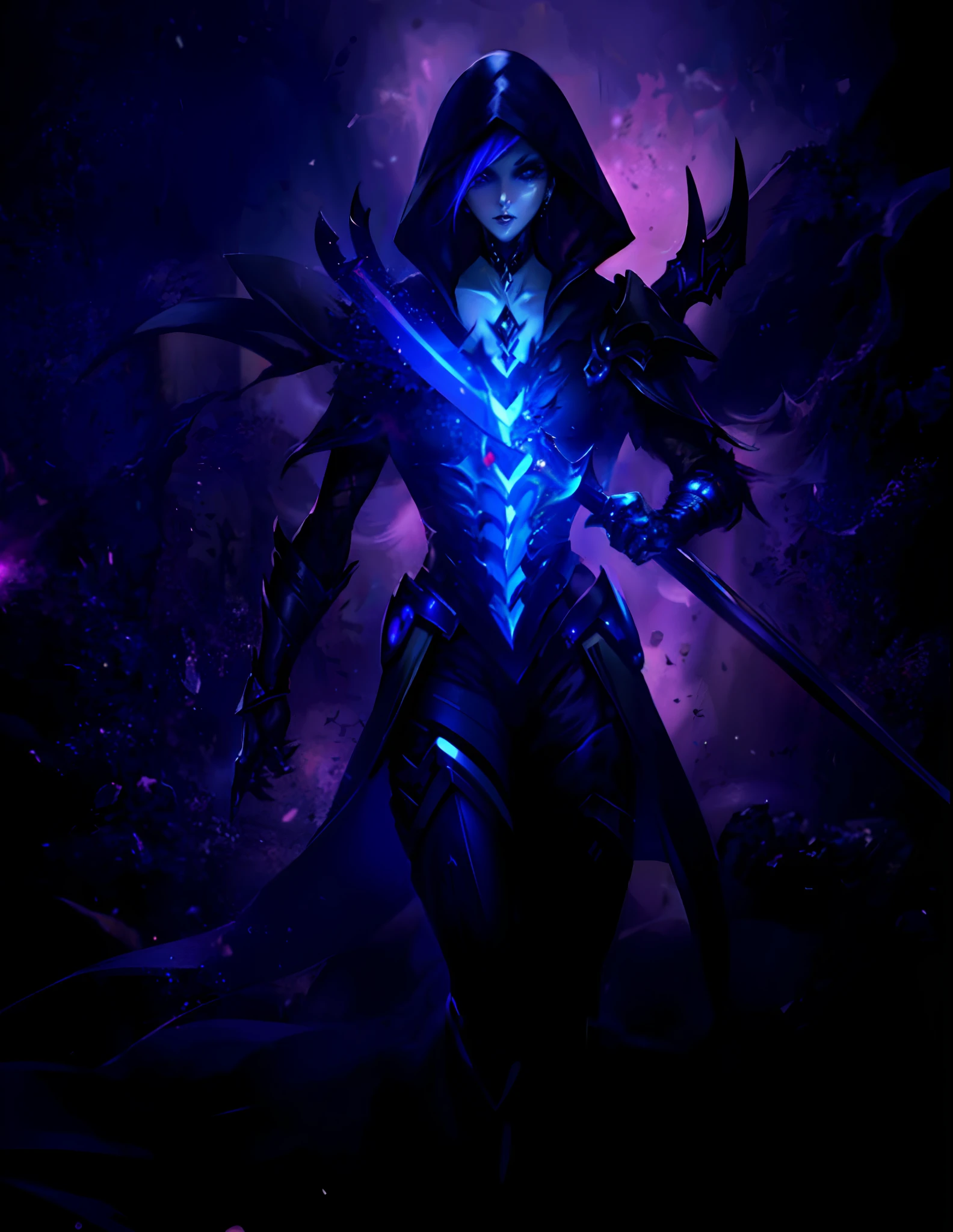 A closeup of a person holding a sword and surrounded by skulls, Reaper from Overwatch, omen from Valorant, Dark Witch character, Dark Witch, Dark Witch, nightcrawler from League of Legends, the Reaper as a creepy, dark necromancer, painted in the Arcane style, Moira from Overwatch, but the armor covers her face, neom --auto --s2