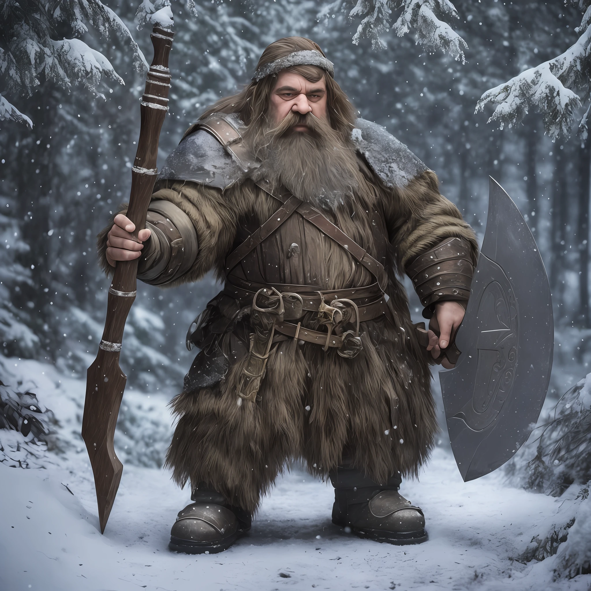 dwarf man, big beard, with muscles, heavy armor, holding a heavy axe, in a forest, snow, 8k ultra realistic --auto --s2