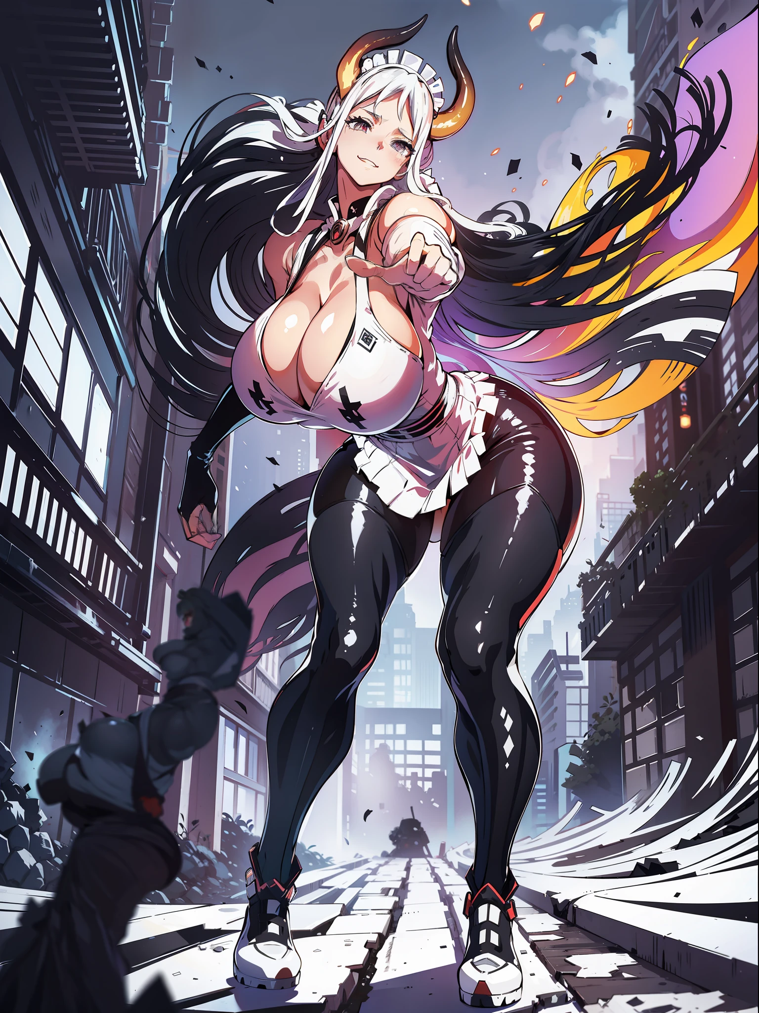 (full body/vertical view/standing:1.3). (({yamato})), ((in a completely destroyed futuristic city with flames coming out of the destroyed buildings)). {yamato}: wearing (((maid outfit/black+white skirt:1.5))), (((extremely tight outfit:1.5))), ((looking at the viewer, wide smile)), (extremely large breasts:2), ((making/sensual poses:1.4)) ((holding a long black rifle)). Hyperrealism, anime, 16k, UHD, masterpiece, best quality, high details.