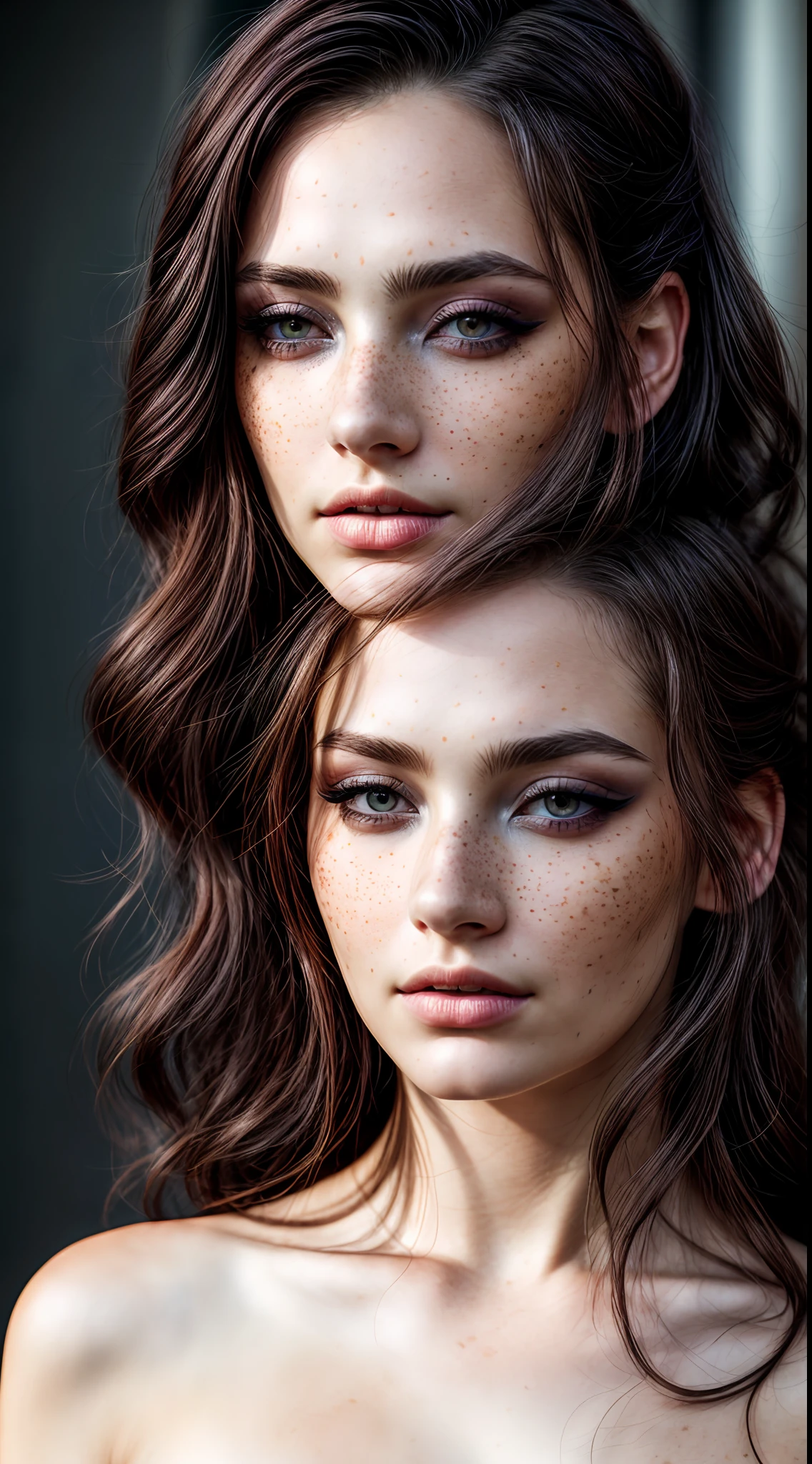 Closeup photo portrait of beautiful lady, freckles, dark makeup, muted colors, epic character composition, frontal view, atmospheric scene, masterpiece, best quality, (detailed beautiful face, detail skin texture, ultra-detailed body:1.1), diffused lighting