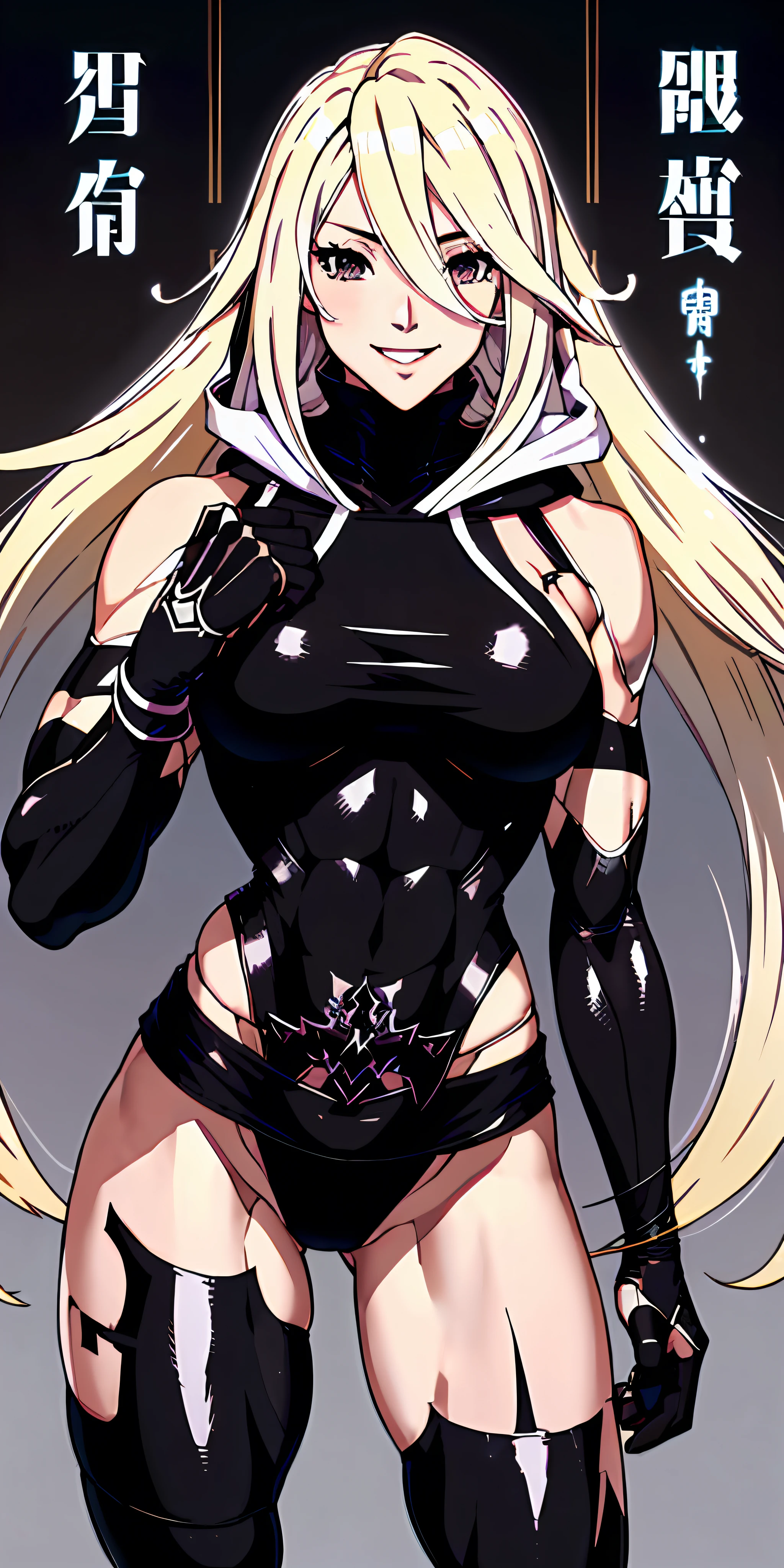 anime waifu bodybuilder, beautiful face, smiling face, perfect body, fit body, abdomen, large breasts, muscular, (((hair) long and blonde), ((clothing) ninja tights of white color, torn), (cover covering body of black color, and hood covering head of black color), character A2