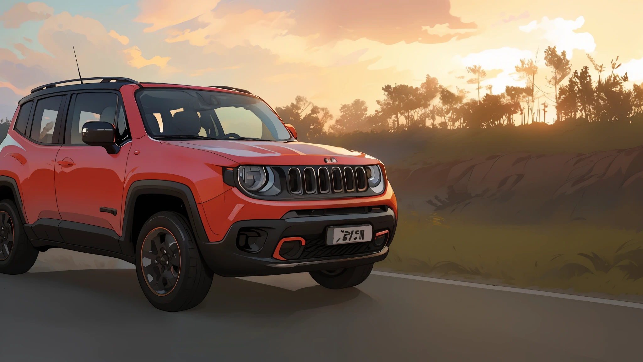 jeep renegade driving on a road at sunset with clouds in the background, jeep, shot at golden hour, cinematic front shot, 🤬 🤮 💕 🎀, a wide full shot, 🦩🪐🐞👩🏻🦳, ultra wide-shot, jeep in background, scenic full shot, cinematic full shot, taken at golden hour