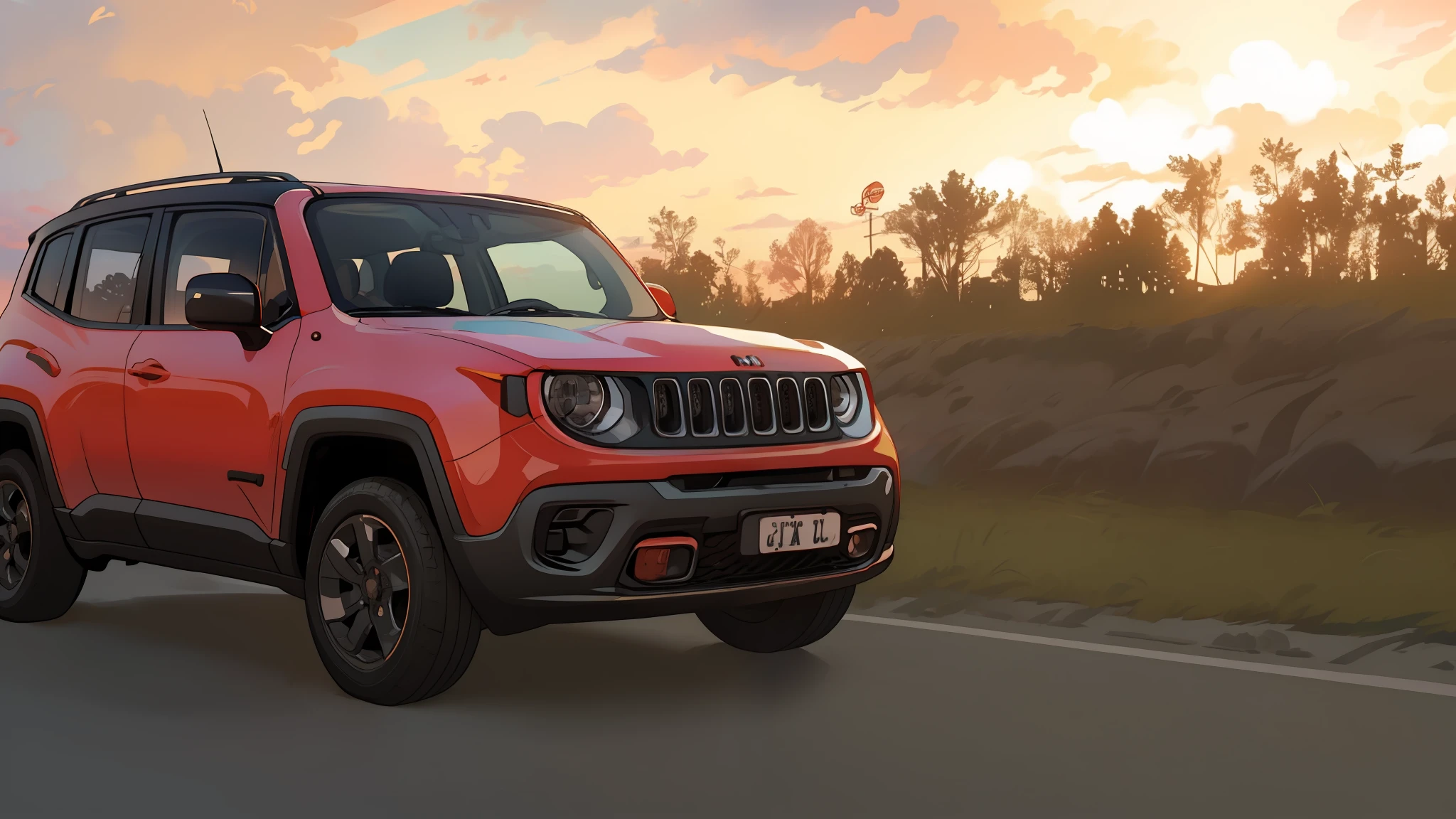 jeep renegade driving on a road at sunset with clouds in the background, jeep, shot at golden hour, cinematic front shot, 🤬 🤮 💕 🎀, a wide full shot, 🦩🪐🐞👩🏻🦳, ultra wide-shot, jeep in background, scenic full shot, cinematic full shot, taken at golden hour
