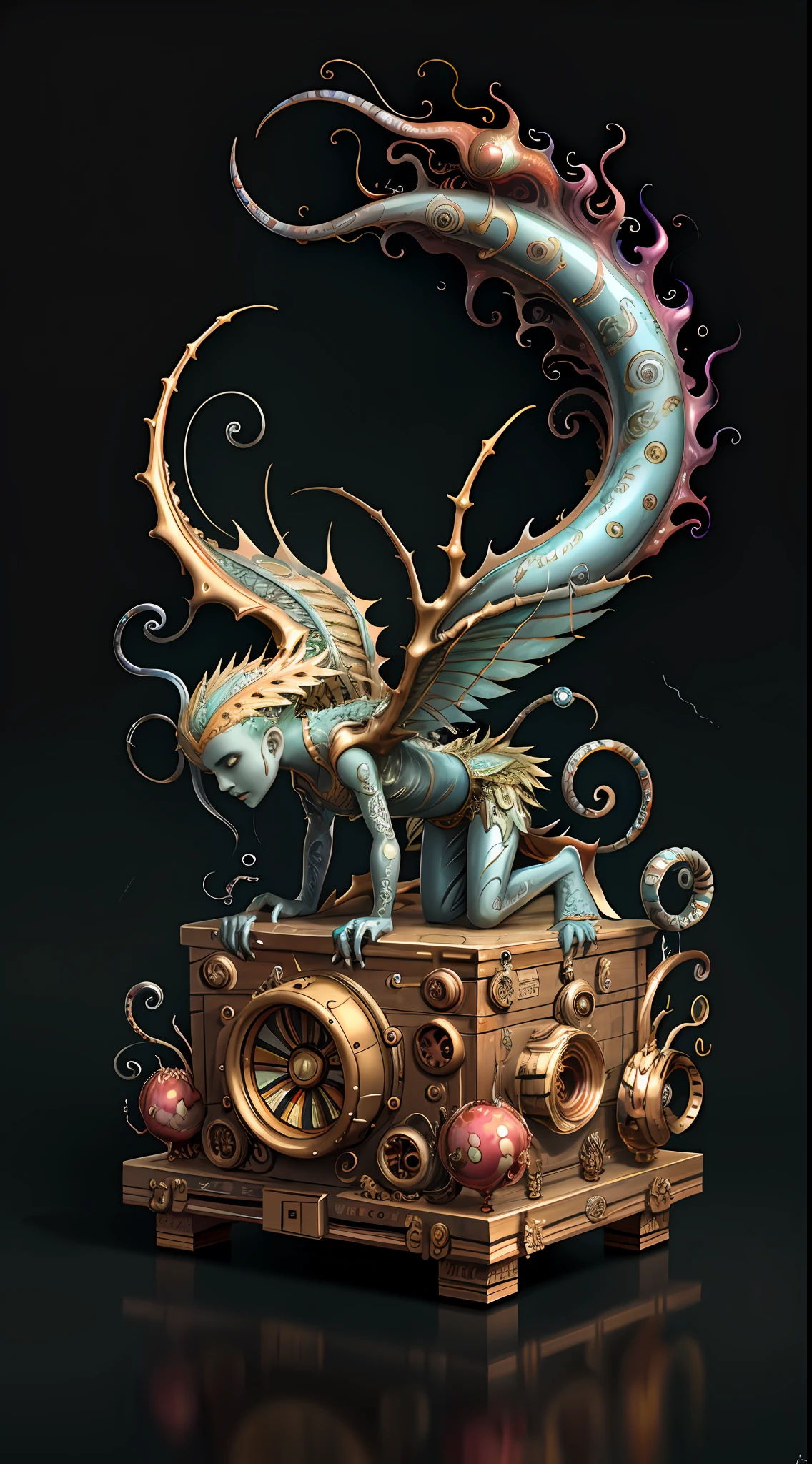 (best quality: 1.4), (masterpiece: 1.2), detailed, complex, high resolution, iridescent colors, A charming and fascinating creature with otherworldly forms that blend the best aspects of the monster human form and the innocent charm of a precocious child, scales, wings, blue, texture, complex, gorgeous, 3D, highly detailed, decorative style, Tim Burton, Dale Chihuly, Bruce Zheng, Cyril Rolando, H. R. Giger $plastic$ Grid: Real Lenoid afremov style, wet, fire