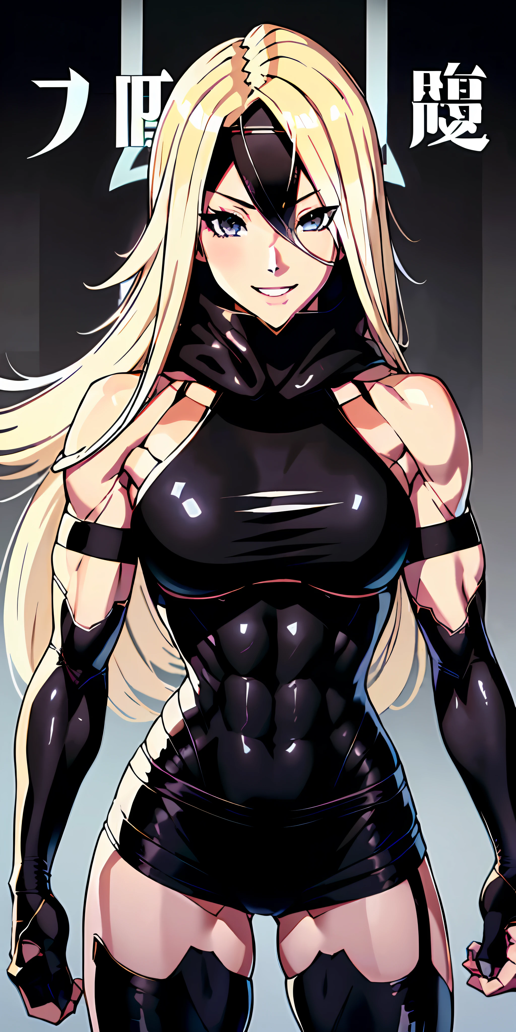 anime waifu bodybuilder, beautiful face, smiling face, perfect body, fit body, abdomen, large breasts, muscular, (((hair) long and blonde), ((clothing) ninja tights of white color, torn), (cover covering body of black color, and hood covering head of black color), character A2