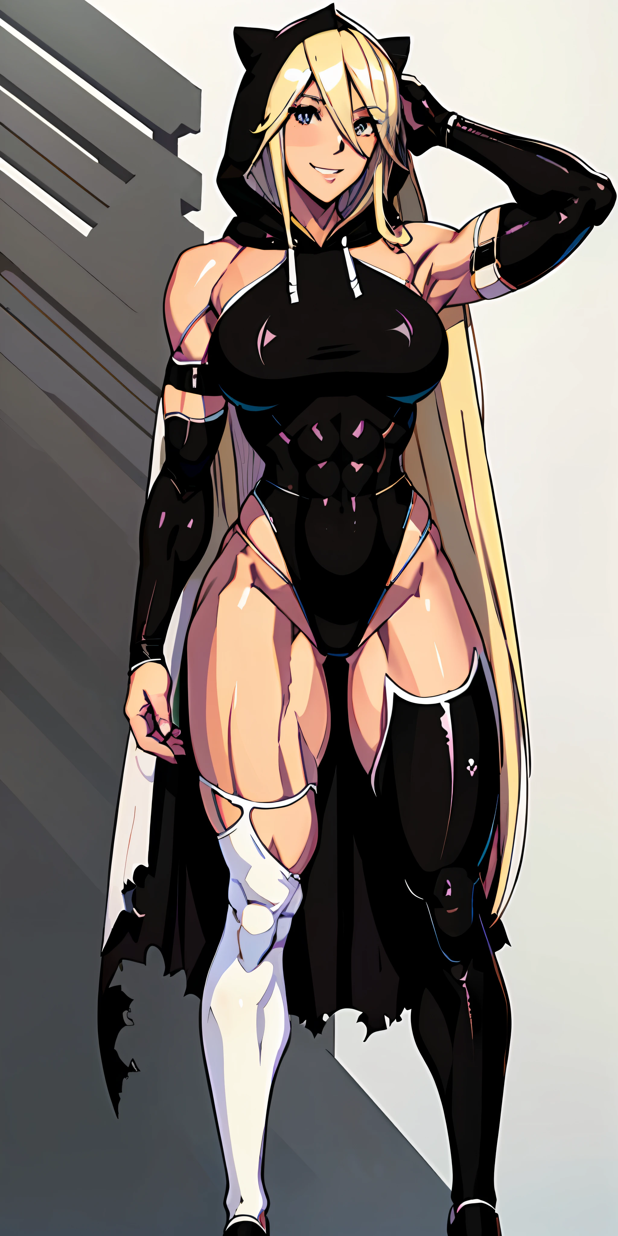 anime waifu bodybuilder, beautiful face, smiling face, perfect body, fit body, abdomen, large , muscular, ((hair) long and blonde), ((clothing) white colored tight swimsuit, torn), (torn cape at the tip covering the body of black color, and hood covering the head of black color), character A2