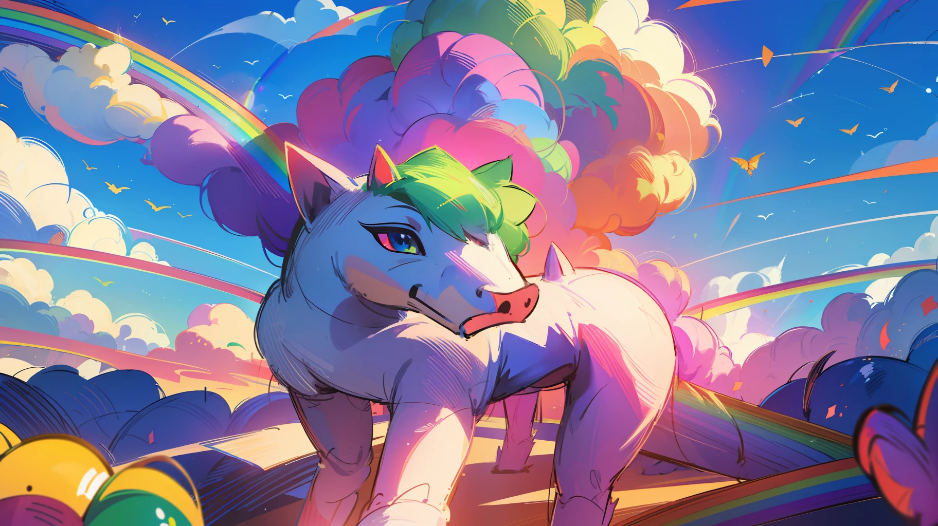 5 Poneys, magical world, running on a rainbow bridge, friends poneys, skies, colorful 3d cartoon style, drawing