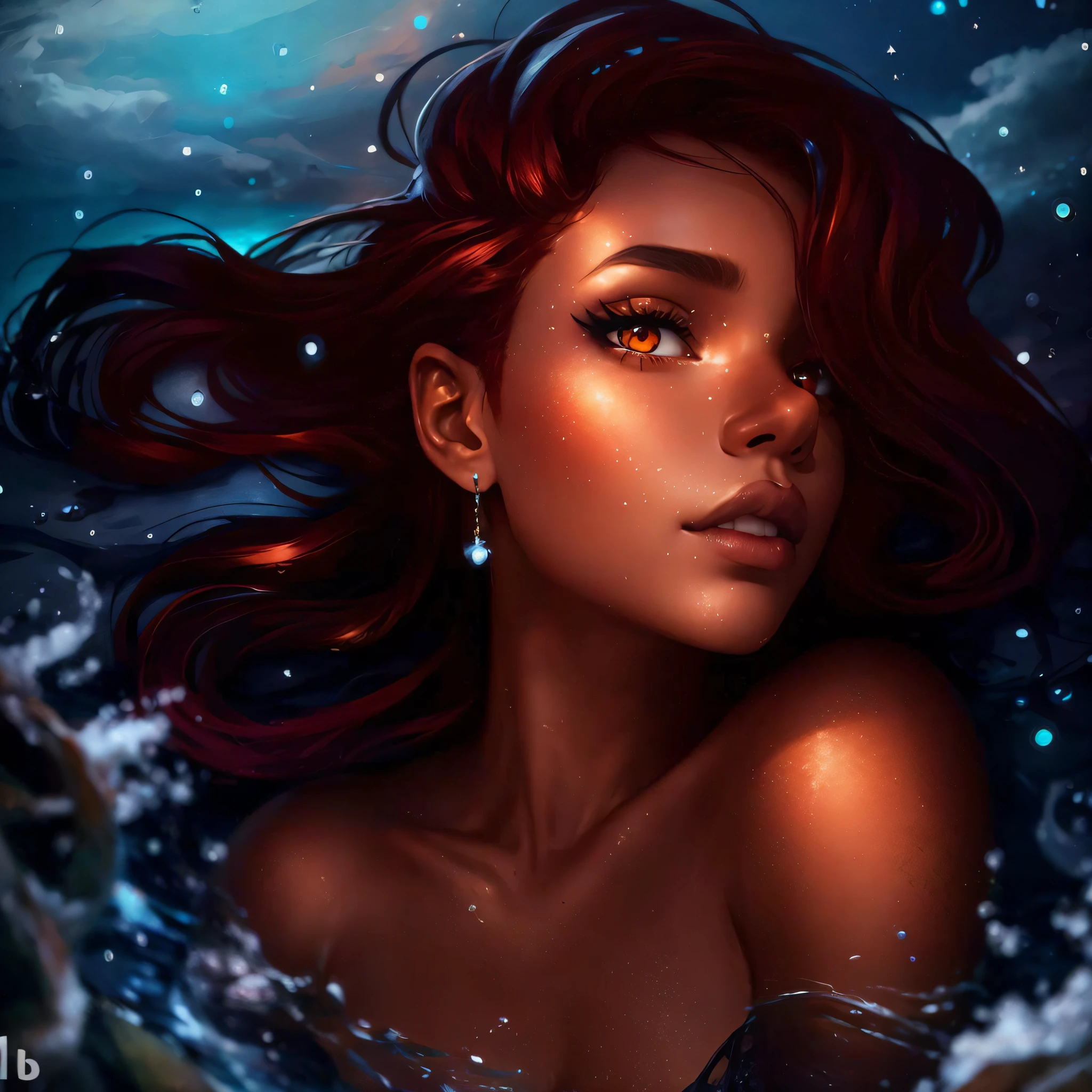 Create a mermaid with short red hair, orange eyes and ebony skin, realistic drawing style, put elements like water a night sky and with stars and the moon