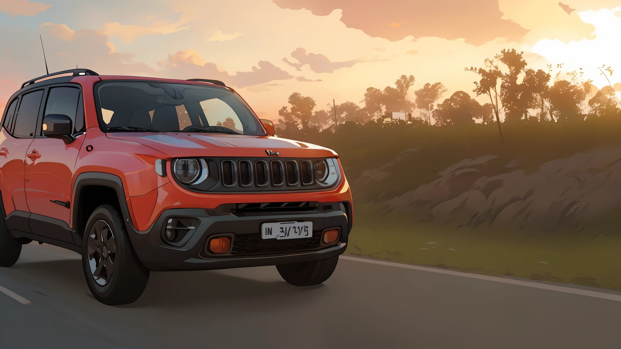 jeep renegade driving on a road at sunset with clouds in the background, jeep, shot at golden hour, cinematic front shot, 🤬 🤮 💕 🎀, a wide full shot, 🦩🪐🐞👩🏻🦳, ultra wide-shot, jeep in background, scenic full shot, cinematic full shot, taken at golden hour