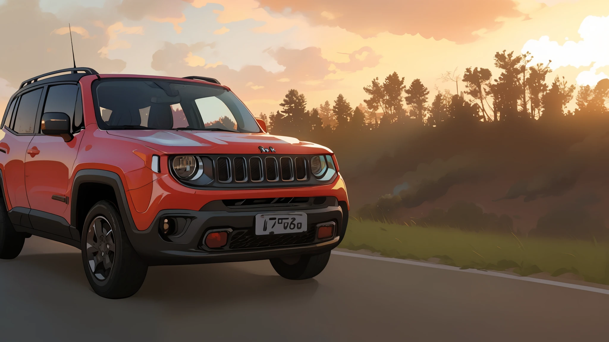jeep renegade driving on a road at sunset with clouds in the background, jeep, shot at golden hour, cinematic front shot, 🤬 🤮 💕 🎀, a wide full shot, 🦩🪐🐞👩🏻🦳, ultra wide-shot, jeep in background, scenic full shot, cinematic full shot, taken at golden hour