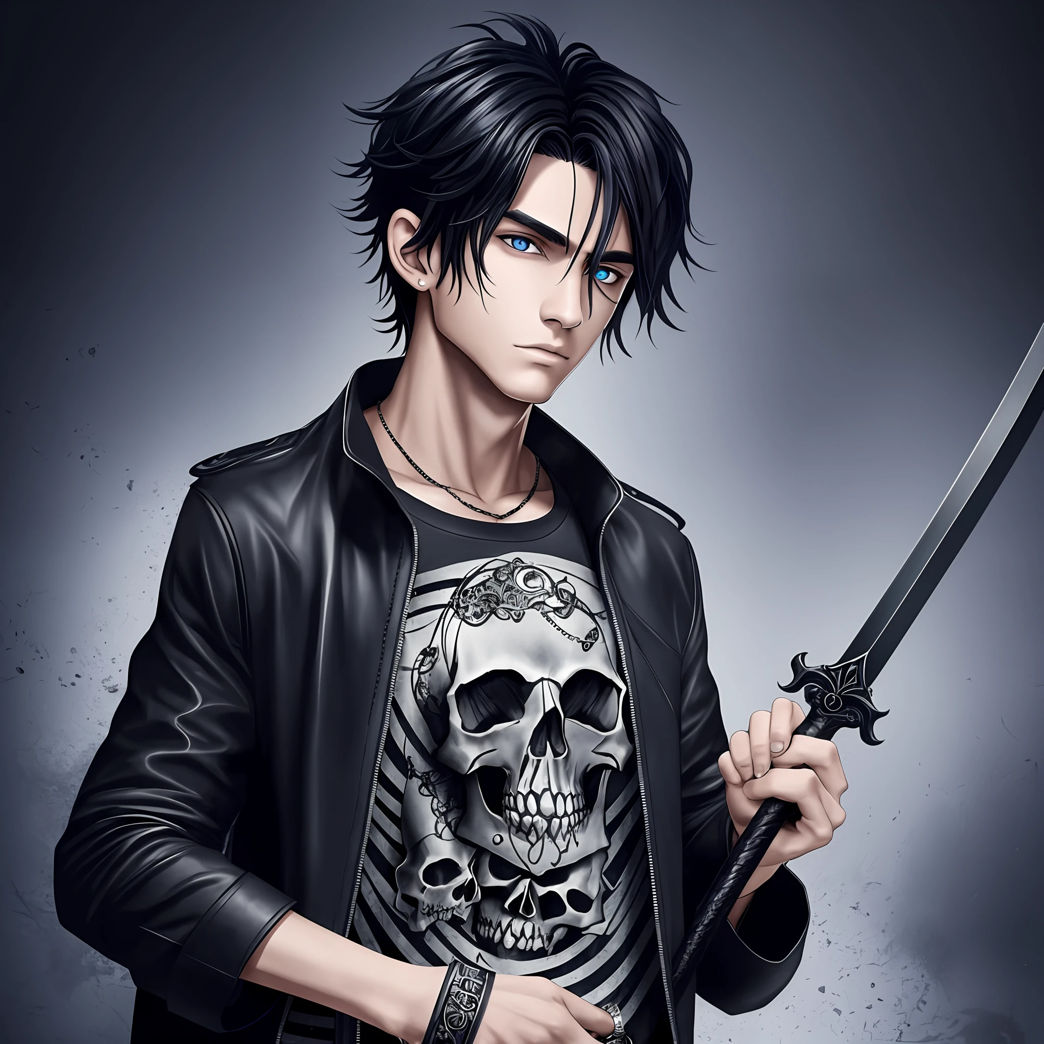 A boy with eyes and hair black as night wearing an avidor jacket over a black skull-print T-shirt, wore a skull ring on his left hand and in his right hand held a black sword made of souls and bathed in the river of oblivion --auto --s2