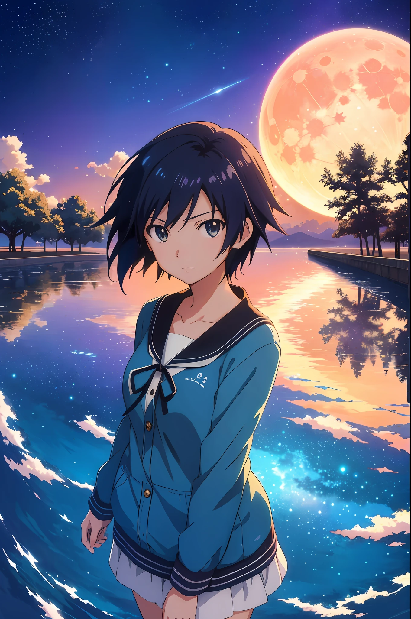 anime girl looking at the moon with a reflection in the water, cosmic skies. by makoto shinkai, beautiful anime, makoto shinkai!!, makoto shinkai!, anime girl with cosmic hair, makoto shinkai cyril rolando, beautiful anime artwork, ( ( makoto shinkai ) ), beautiful depiction, anime style 4 k, beautiful anime art