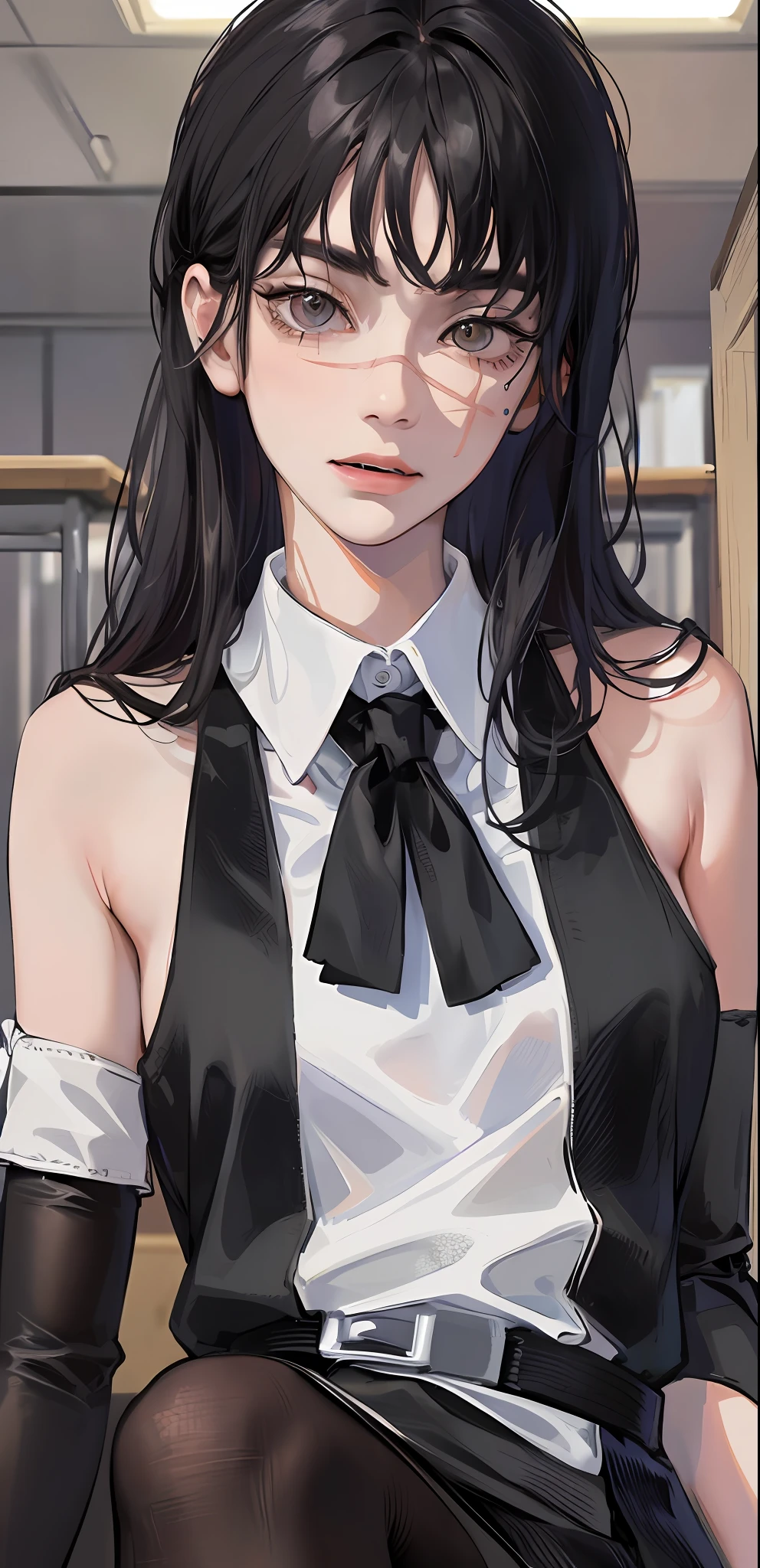 ((masterpiece, best quality)), (1girl), (solo), (female focus), Yoru \(chainsaw man\),(very detailed face, real image, realistic skin, realistic body, intricate details), upper body, focus on face, dark eyes, bandages over the body, black hair, hair tied, far sleeve shirt, pinaforee dress, black tie, bandages, blood, bandages, blood, blood, small breasts, classroom, students,  Blur background