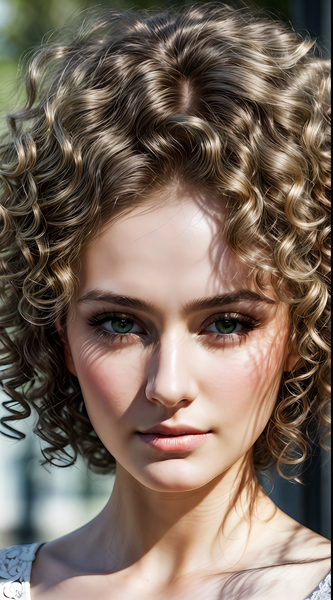 Closeup photo portrait of (russian) woman, perfect (green and brown eyes), eye reflection, winged eyeliner, (looking at the viewer:1.3), best shadow, intricate details, interior, (curly ash blond hair:1.3), muted colors, epic character composition, frontal view, atmospheric scene, masterpiece, best quality, (detailed beautiful face, detail skin texture, ultra-detailed body:1.1), diffused lighting