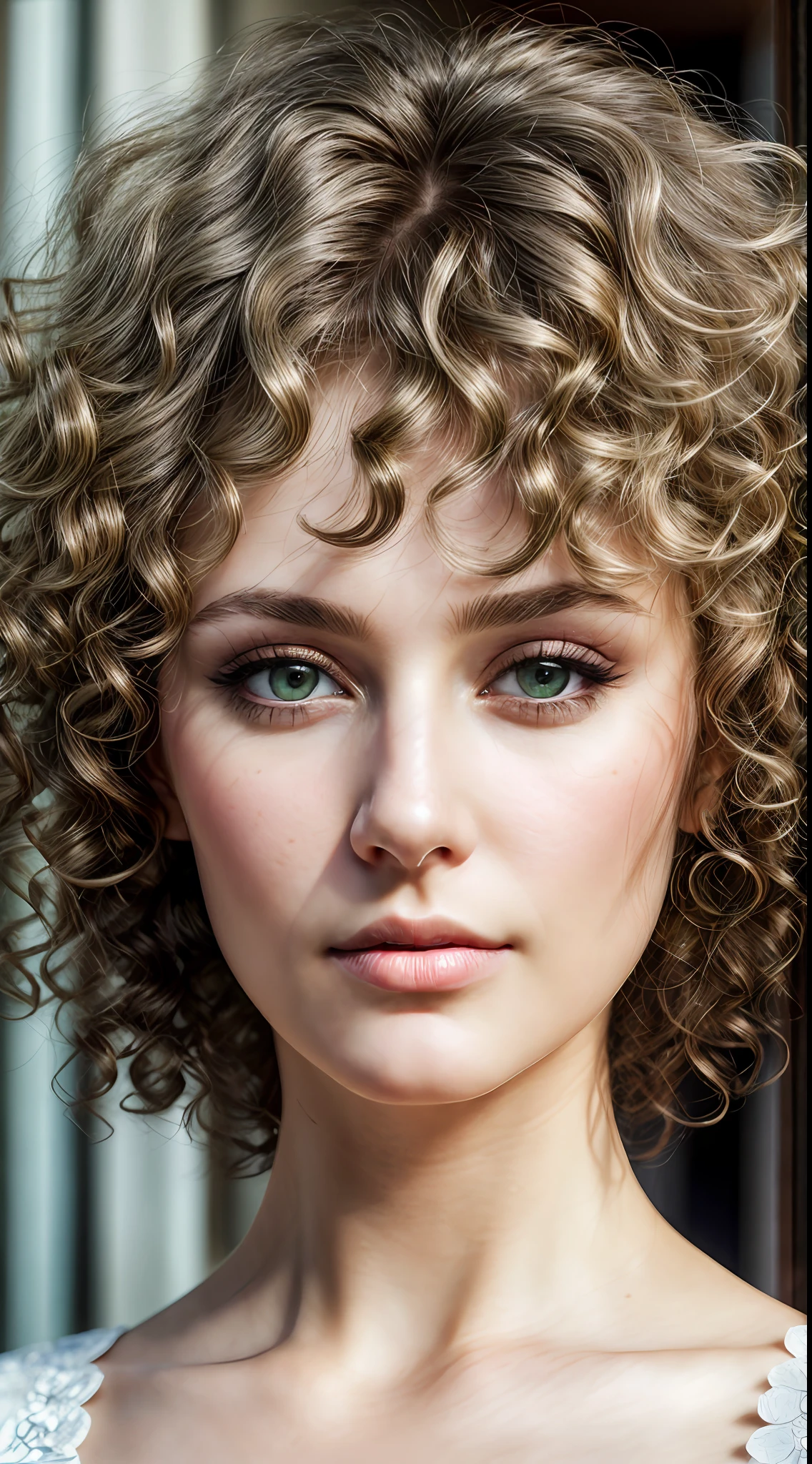 Closeup photo portrait of (russian) woman, perfect (green and brown eyes), eye reflection, winged eyeliner, (looking at the viewer:1.3), best shadow, intricate details, interior, (curly ash blond hair:1.3), muted colors, epic character composition, frontal view, atmospheric scene, masterpiece, best quality, (detailed beautiful face, detail skin texture, ultra-detailed body:1.1), diffused lighting