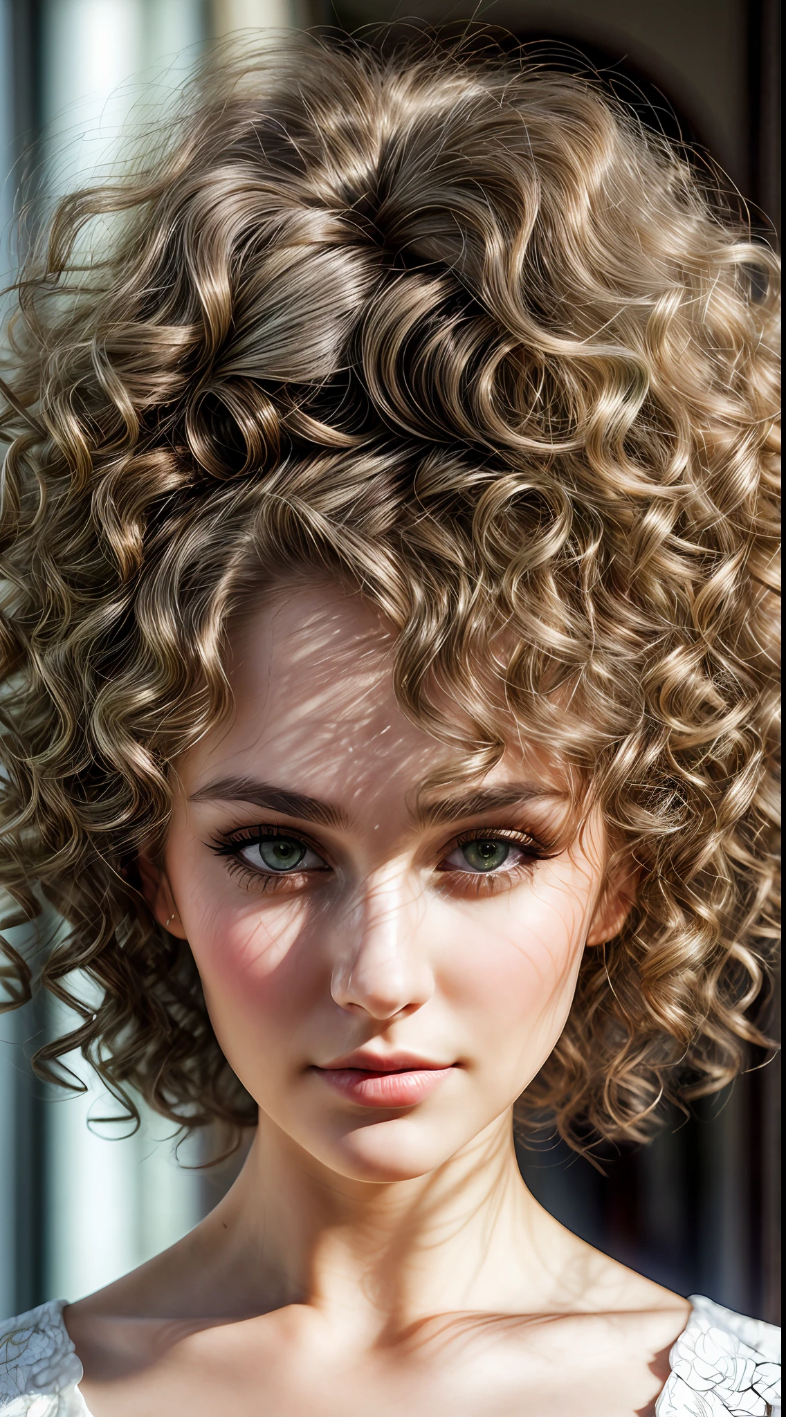 Closeup photo portrait of (russian) woman, perfect (green and brown eyes), eye reflection, winged eyeliner, (looking at the viewer:1.3), best shadow, intricate details, interior, (curly ash blond hair:1.3), muted colors, epic character composition, frontal view, atmospheric scene, masterpiece, best quality, (detailed beautiful face, detail skin texture, ultra-detailed body:1.1), diffused lighting