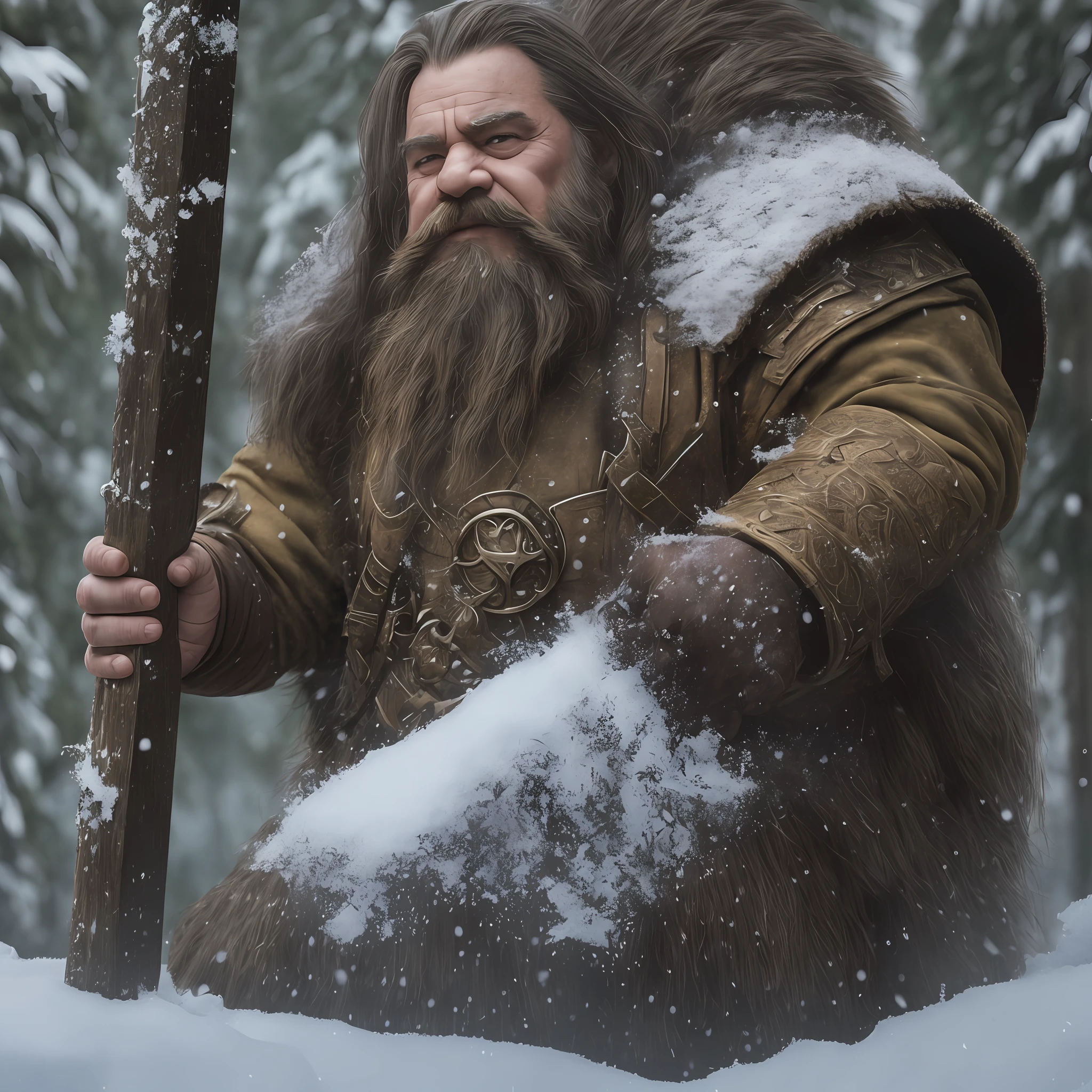 dwarf man, big beard, with muscles, heavy armor, holding a heavy axe, in a forest, snow, 8k ultra realistic --auto --s2