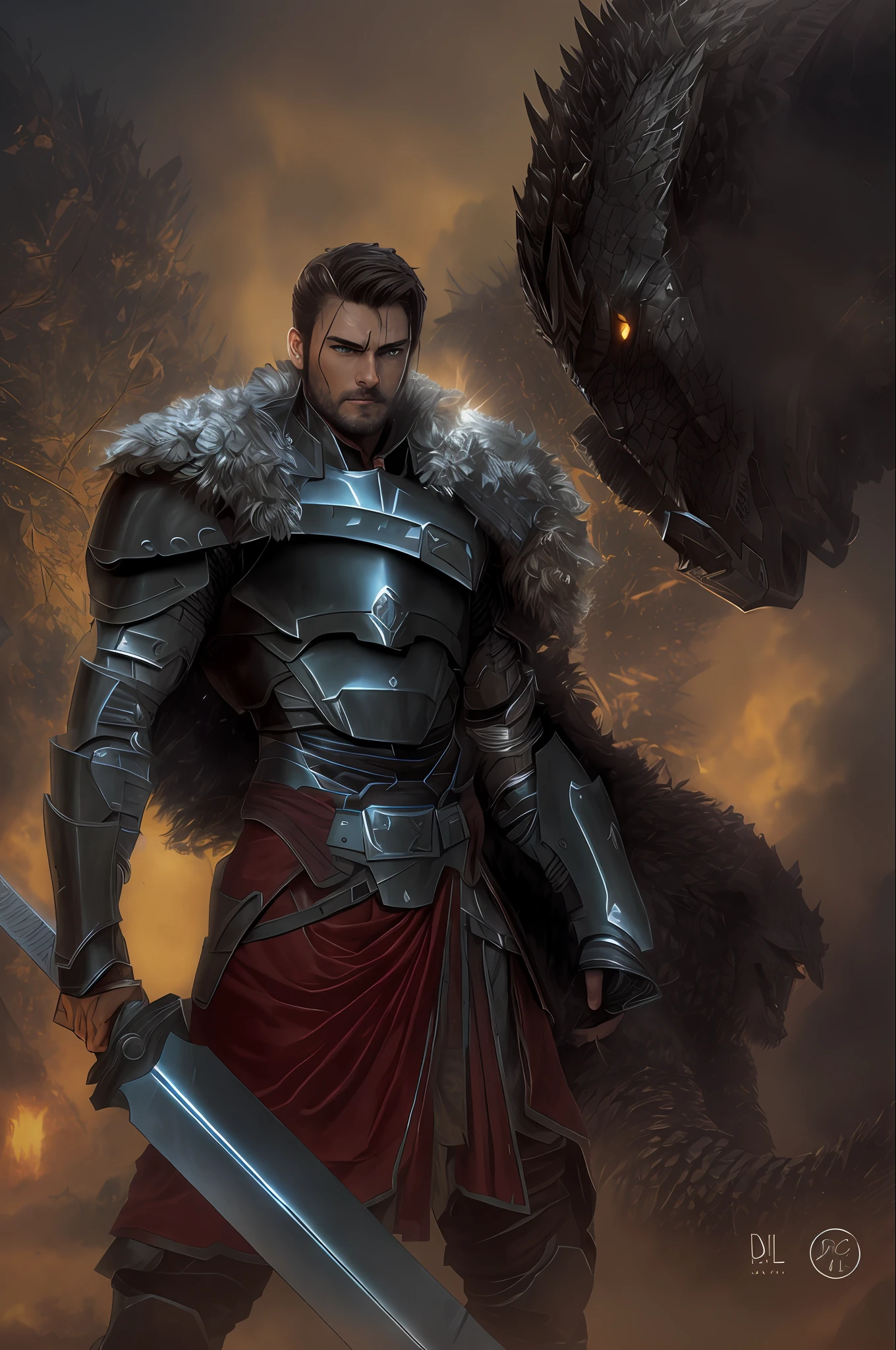 A closeup of a man with a sword and armor, male warrior, image of an adult male warrior, a human male paladin, male paladin, concept art of a warrior, complex fantasy character, Karl Urban as a dragon slayer, Nordic warrior, armored warrior, attractive bovine male with armor, male barbarian, Arsen Lupin as a paladin, scar, malignant, powerful --auto --s2