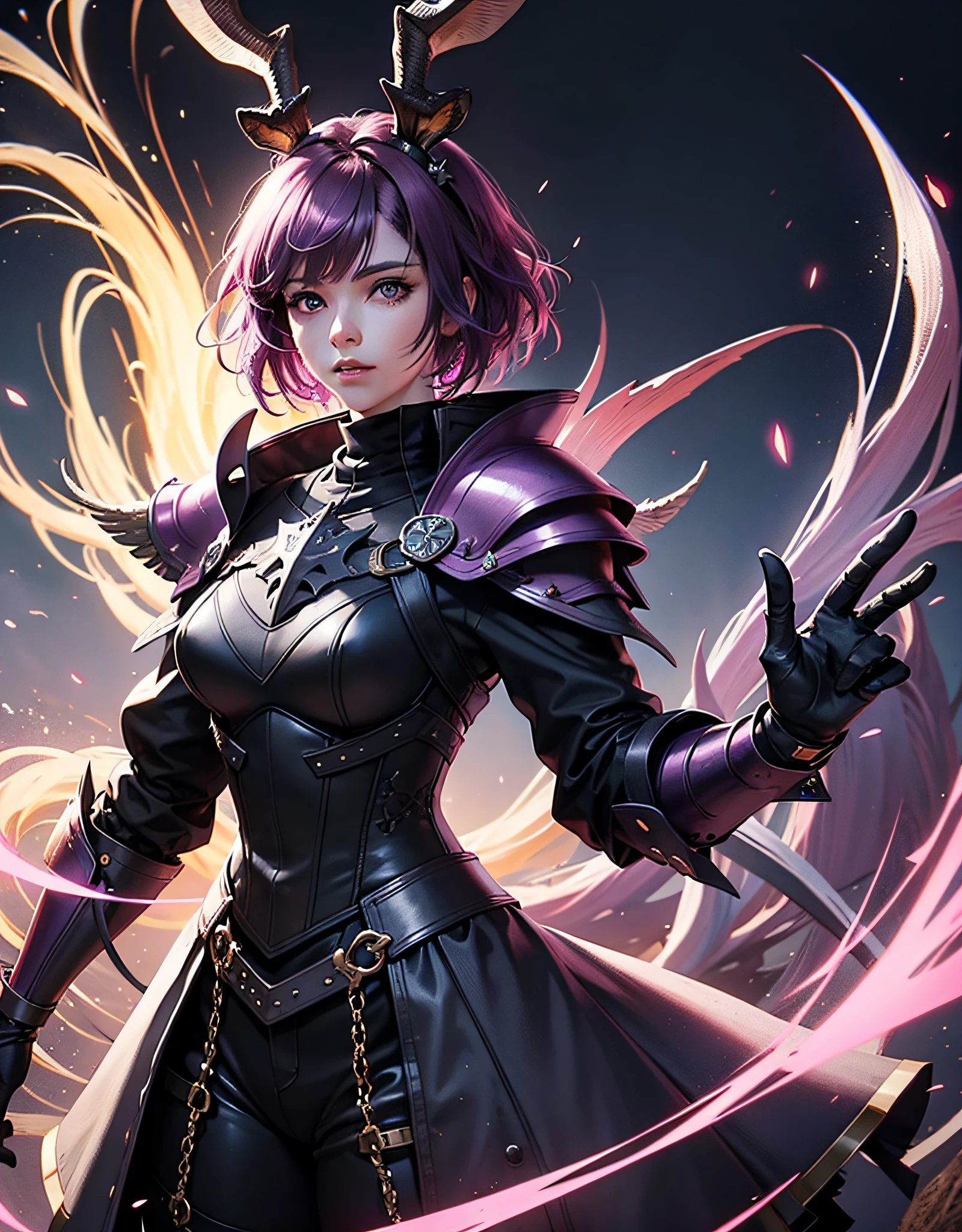 Knight Jackalope, short purple hair, jackalope antlers, dark armor(masterpiece, best quality)