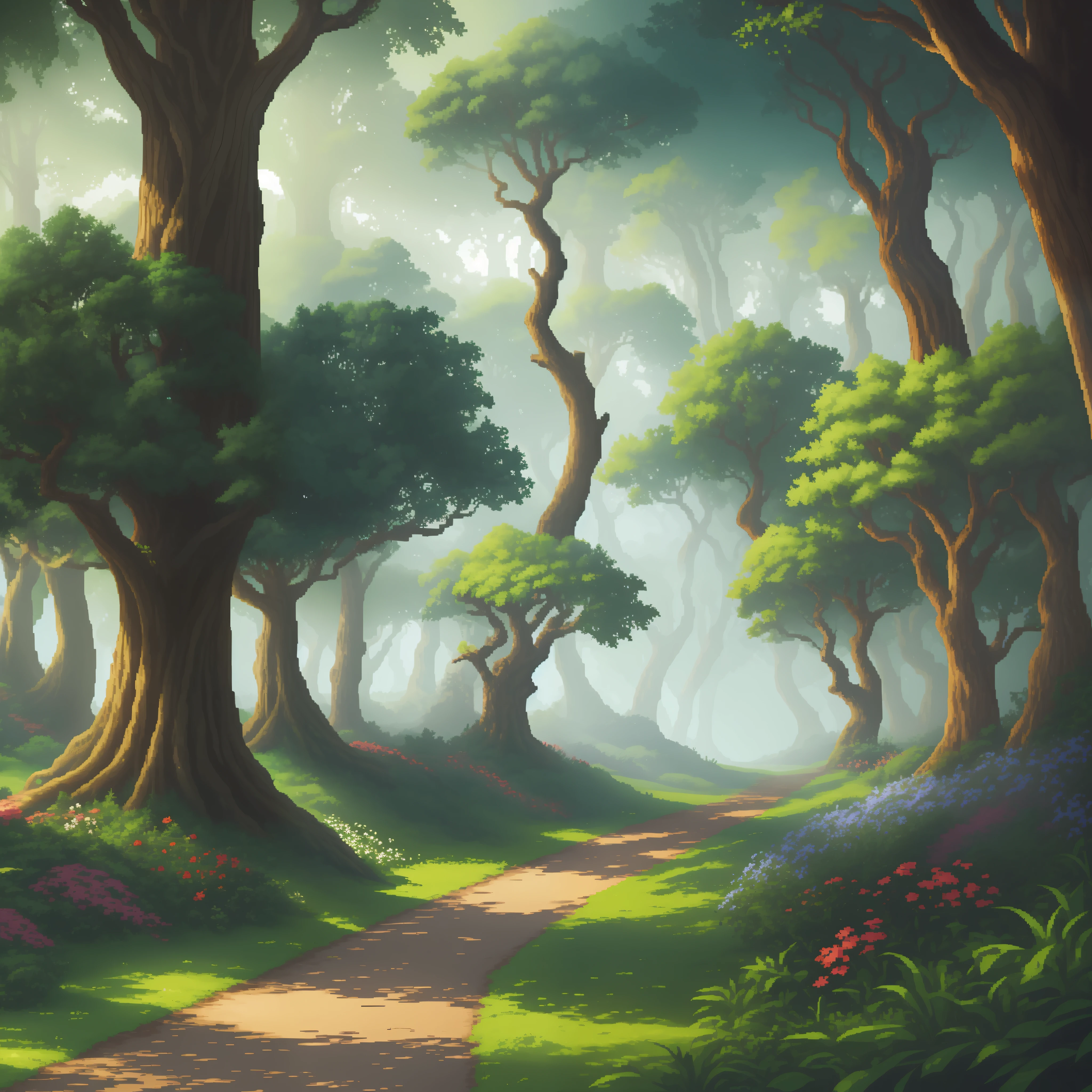 A scene from a forest in (pixel art). The scene shows a dense forest with tall, leafy trees. The predominant shades are green, varying in different shades of green to represent the lush vegetation. In the center of the scene, there is a narrow path that stretches through the forest, surrounded by shrubs and mosses. Along the way, there are small colorful flowers strewn about, adding touches of bright colors to the landscape. (In trees), you can include some birds in (pixel art), flying or perched on the branches. The sky above the forest is blue, with some scattered white clouds. Remember to use a grid of (pixels) to create the details and nostalgic feel of (pixel art).