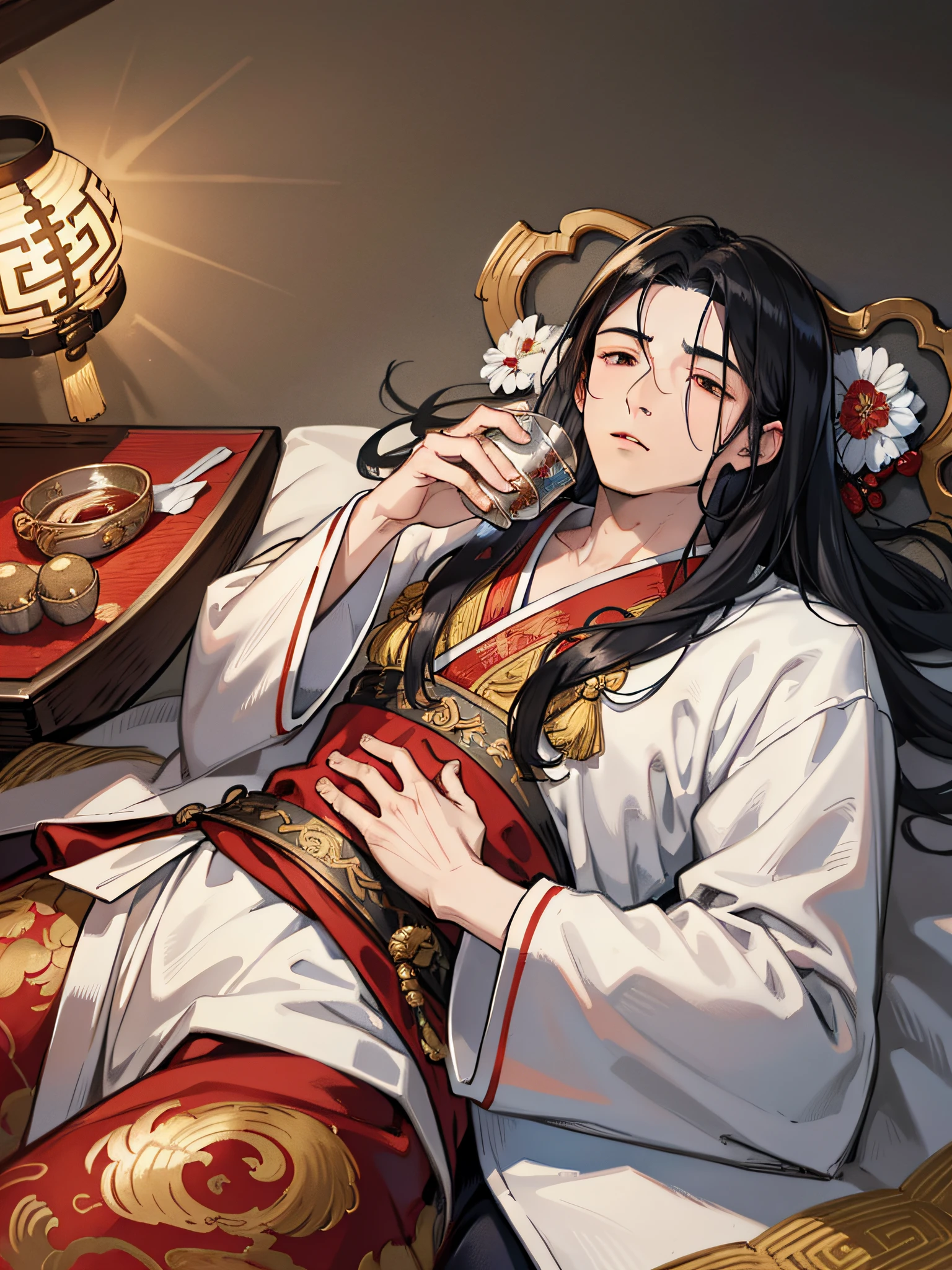 A man in traditional Chinese clothing, lying in bed, handsome, broken, asleep, drinking water, medicine jar, flowing hair and robes, black hair, hanging down the bedside, wearing ancient Chinese white clothing, satin robes, Yiqiang and Shurakrgt, ancient palace, exquisite facial features, masterpiece, best quality