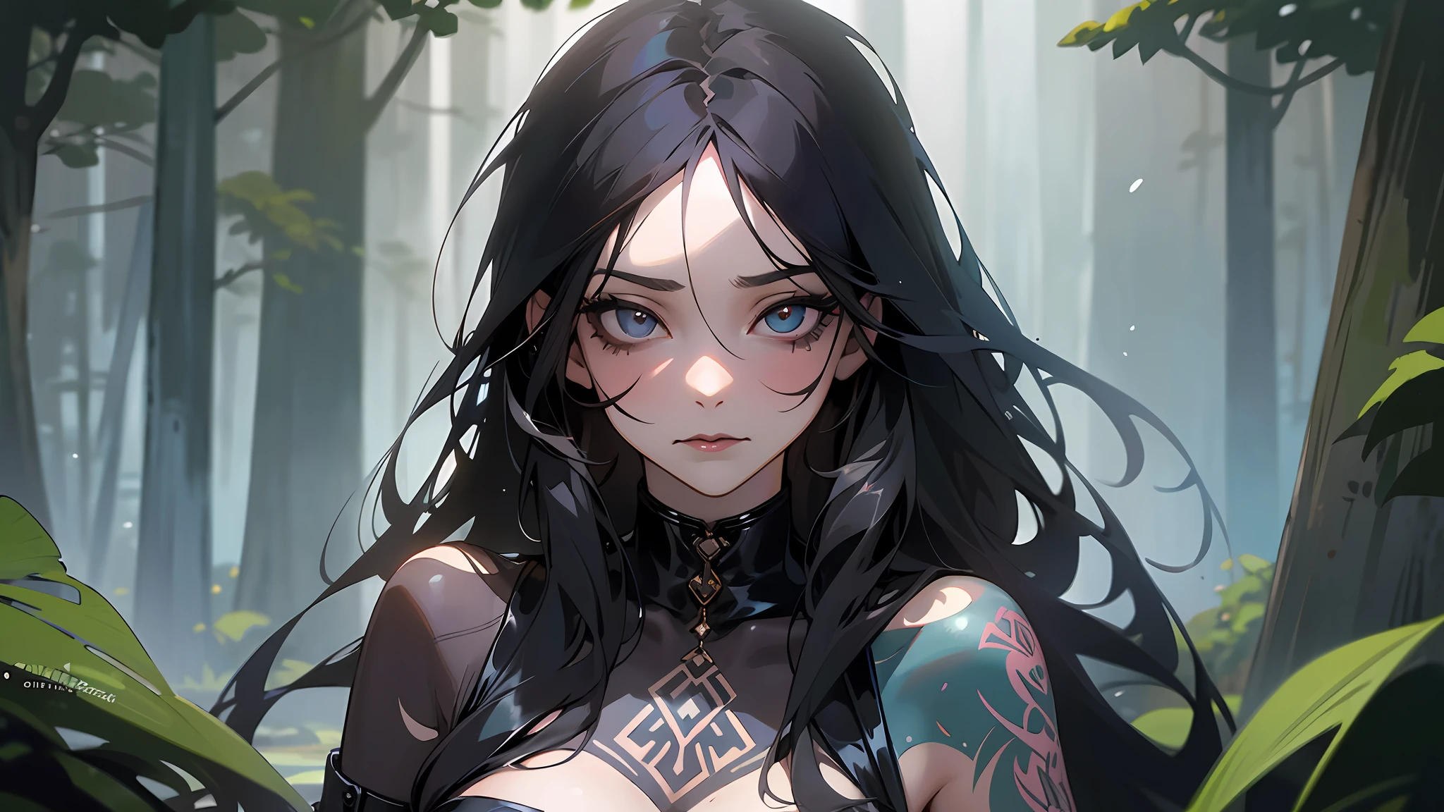 masterpiece, best quality, {30 year old female}, long black hair, expressionless, windswept hair, black leather corset, black lipstick, detailed eyes, forest background, waterfall, black tatoos on arm, central lip ring {eroticism 1.5} --auto --s2