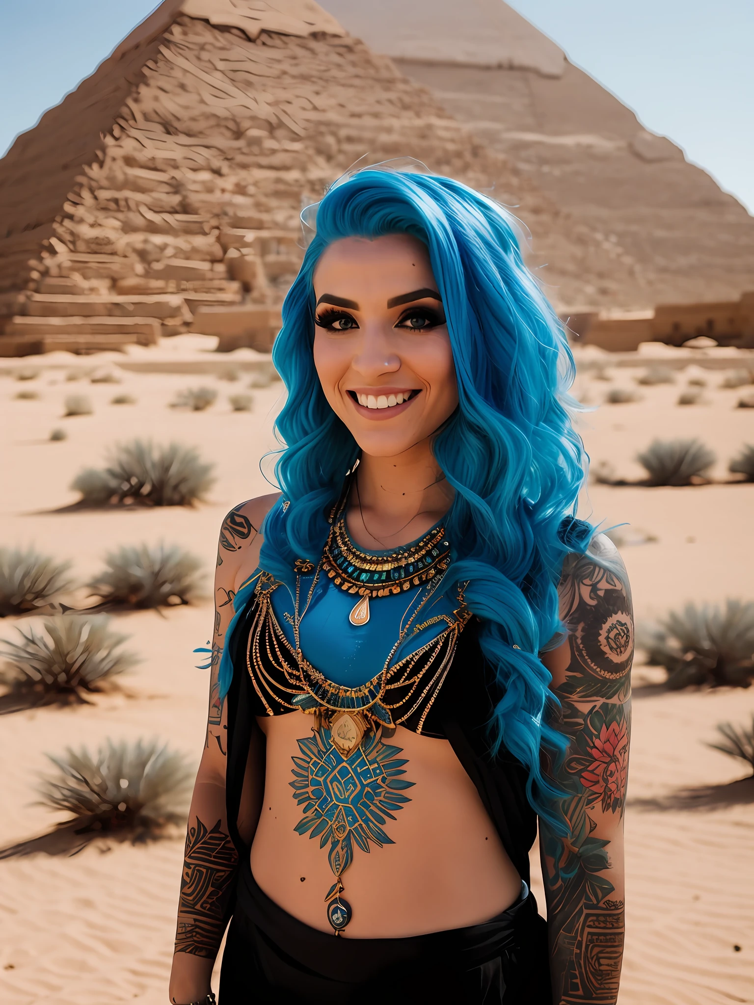 Pokket, filmed on DSLR, focusing on the rest of it 8K, detailed face, blue hair, 25-year-old woman, is in desert pyramid in bokeh background, Gopro camera, wearing Arabic clothes, black tattoos, smiling