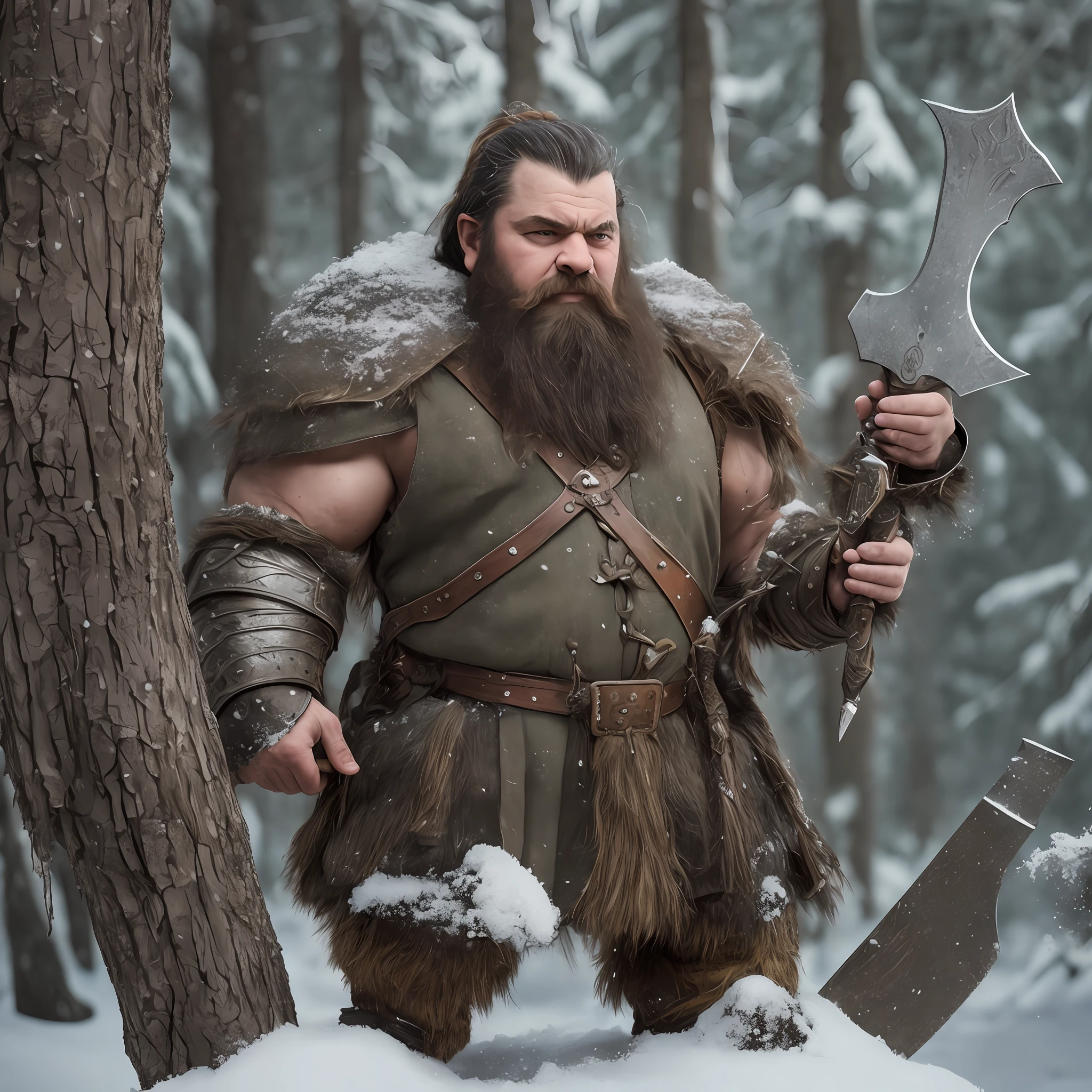 dwarf man, big beard, with muscles, heavy armor, holding a heavy axe, in a forest, snow, 8k ultra realistic --auto --s2