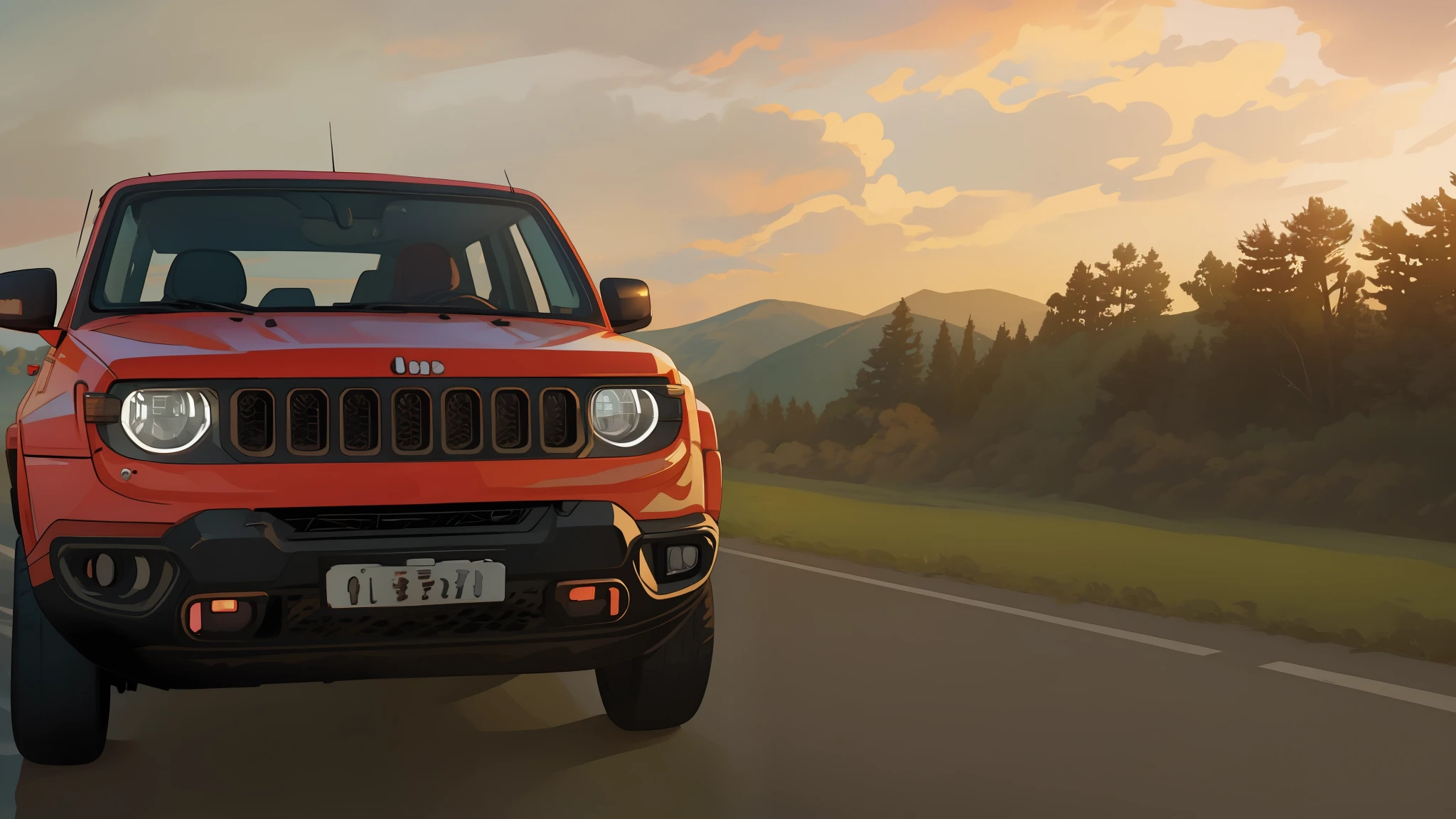 jeep jeep is driving down the road with a cloudy sky in the background, cinematic front shot, a wide full shot, jeep, vibrant and powerful, manual, scenic full shot, video, by Emma Andijewska, ultra wide-shot, footage, 🤬 🤮 💕 🎀, cinematic full shot, by Joe de Mers, cinematic still, shot at golden hour