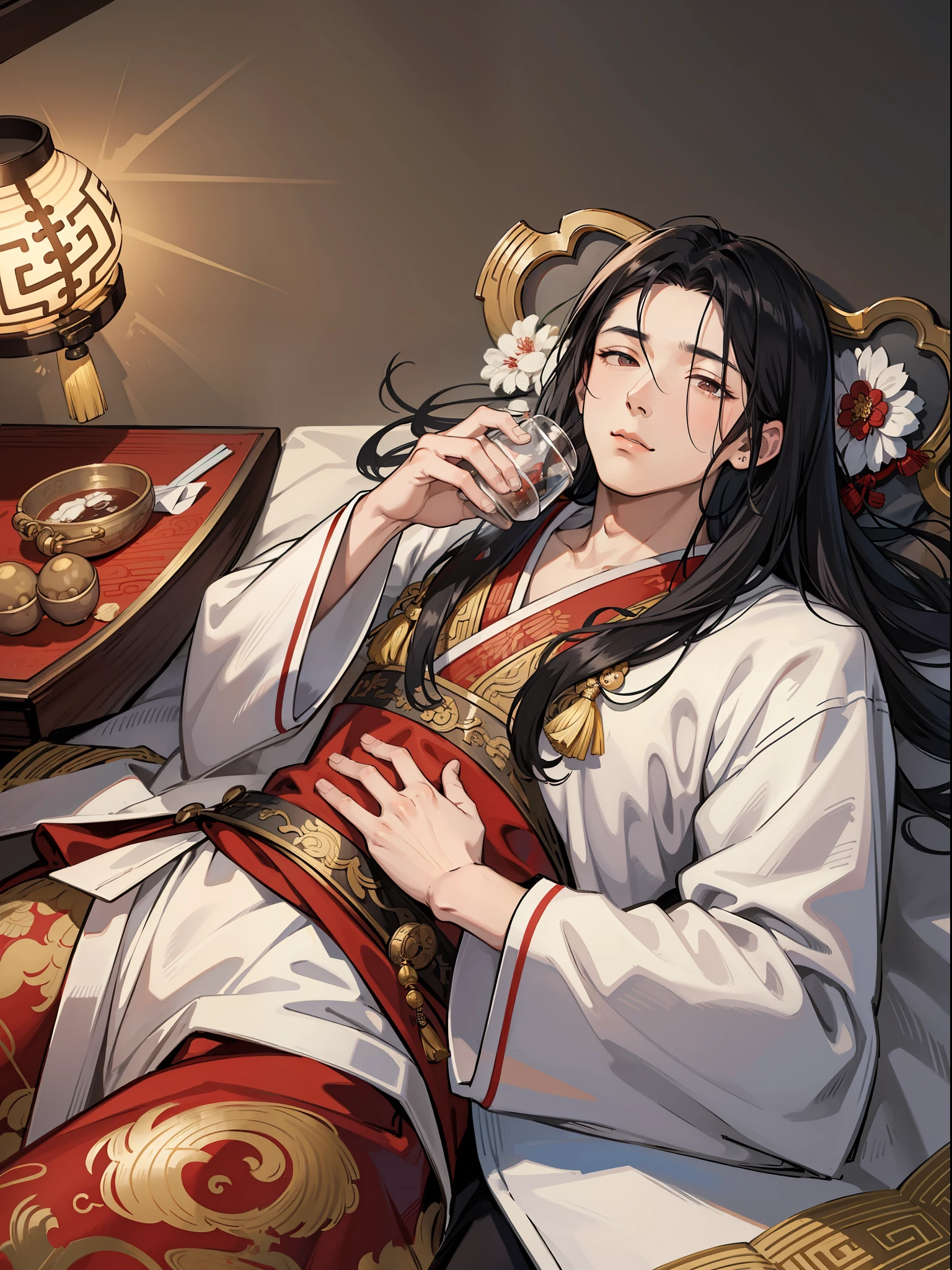 A man in traditional Chinese clothing, lying in bed, handsome, broken, asleep, drinking water, medicine jar, flowing hair and robes, black hair, hanging down the bedside, wearing ancient Chinese white clothing, satin robes, Yiqiang and Shurakrgt, ancient palace, exquisite facial features, masterpiece, best quality