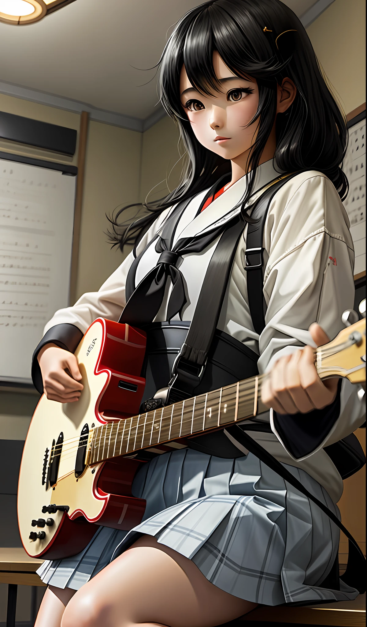 A black-haired Japanese girl playing guitar in the music room, 2d illustration.