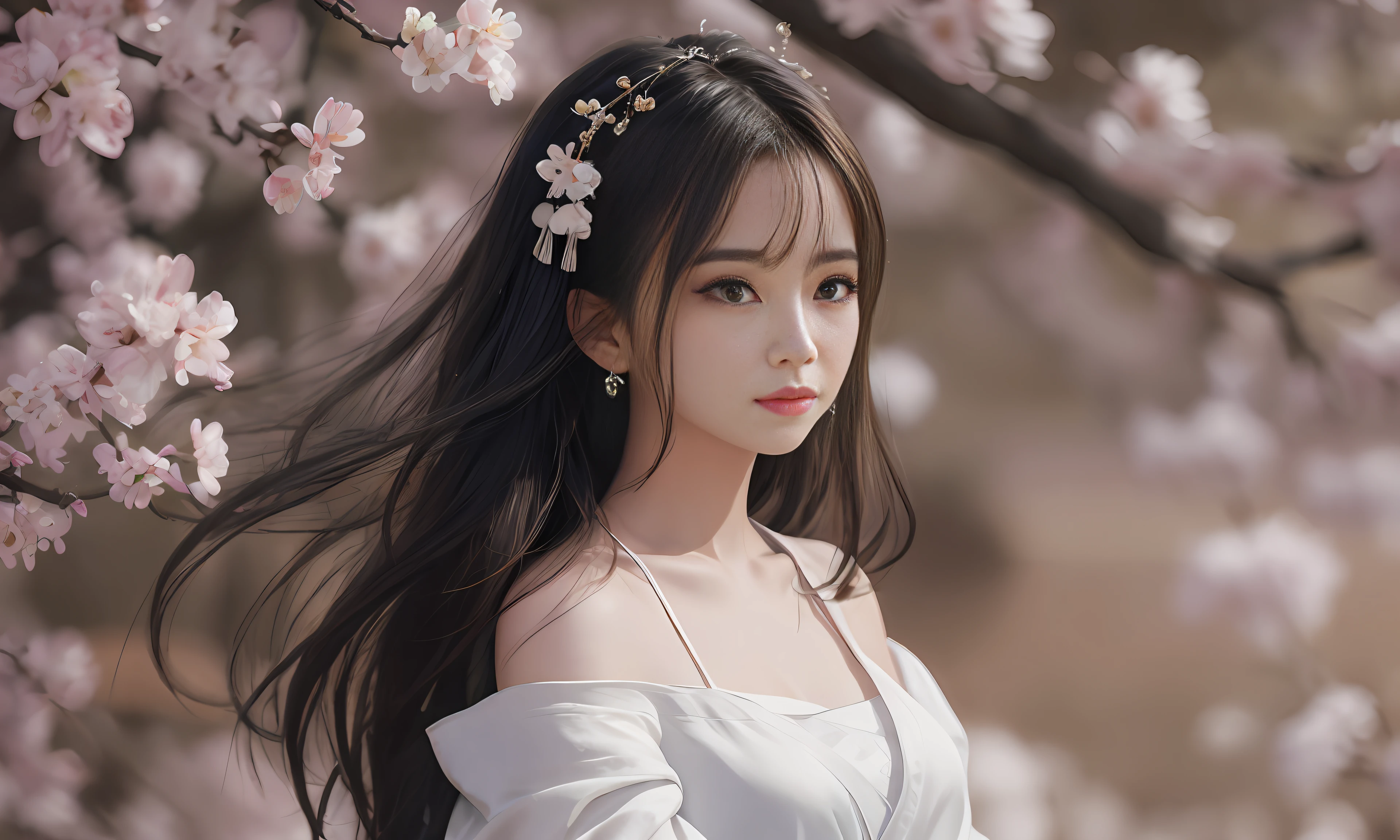 portrait of a girl, (face:1.2), Floating hair, wind, clouds, sunshine, movie light, bangs, face close-up, sky background, oil painting texture, clear hair, light hair, flowers, girls, smiles, bright eyes, single line shoulder, collarbone, shirt, autumn, bare shoulder, bare tree, black hair, branch, cherry blossom, cleavage,coat, (robe:1.21), collarbone, earrings, gray background, hair accessories, Hanfu, Holding a pipe, jewelry, lips, long hair, medium breasts, sitting, solo, tassel, tree, wide sleeves, see through clothes, translucent clothes, silk, Shuke walking horse, negative space, ink painting, standing woman portrait, Willow Branch, (Masterpiece best quality :1.2), traditional Chinese ink painting, model shooting style, peace, looking at the audience, wearing long Hanfu, Song, Willow as background, Ochangshuo, shirt, nsfw whole body, head to toe, natural body, girly feeling, flying hair