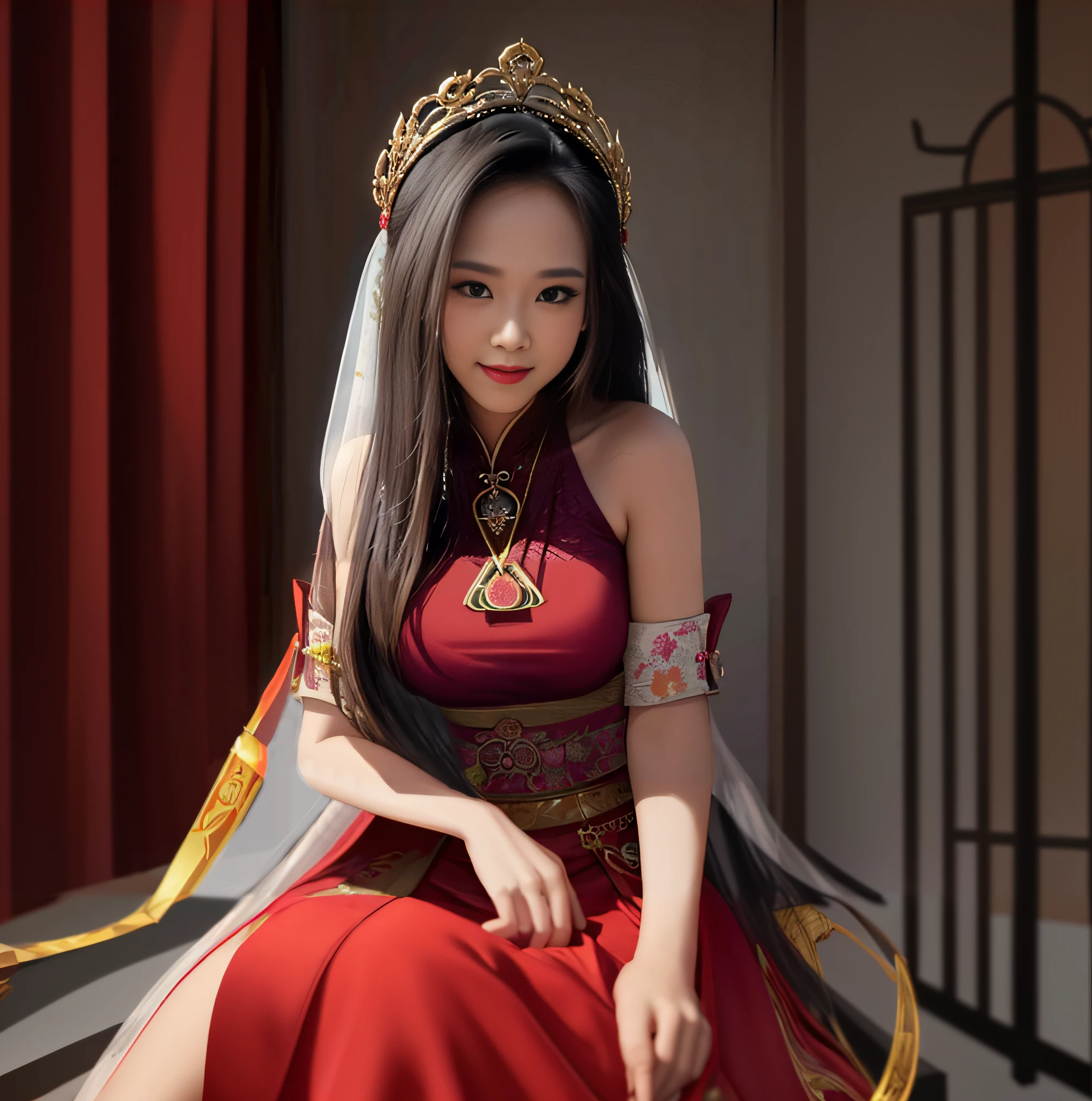 araffe woman in a red dress and a gold crown sitting on a chair, palace ， a girl in hanfu, a beautiful fantasy empress, artwork in the style of guweiz, chinese princess, inspired by Du Qiong, chinese girl, beautiful render of tang dynasty, beautiful character painting, ((a beautiful fantasy empress)), guweiz