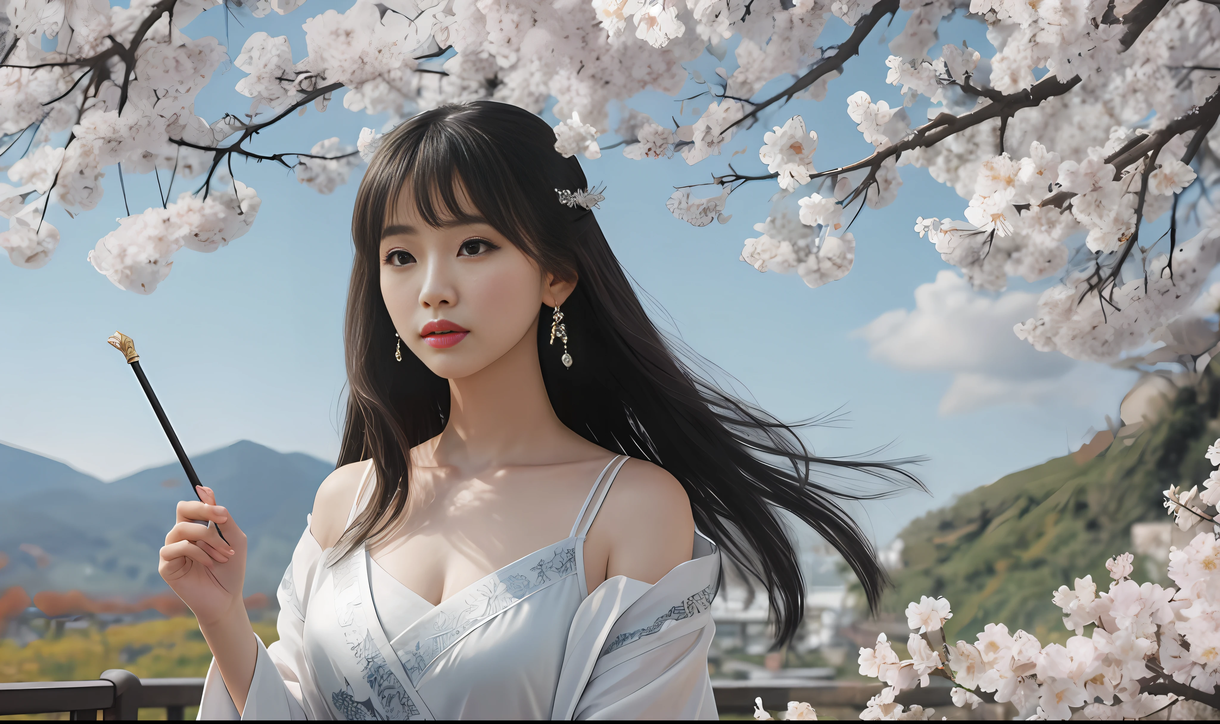portrait of a girl, (face:1.2), Floating hair, wind, clouds, sunshine, movie light, bangs, face close-up, sky background, oil painting texture, clear hair, light hair, flowers, girls, smiles, bright eyes, single line shoulder, collarbone, shirt, autumn, bare shoulder, bare tree, black hair, branch, cherry blossom, cleavage,coat, (robe:1.21), collarbone, earrings, gray background, hair accessories, Hanfu, Holding a pipe, jewelry, lips, long hair, medium breasts, sitting, solo, tassel, tree, wide sleeves, see through clothes, translucent clothes, silk, Shuke walking horse, negative space, ink painting, standing woman portrait, Willow Branch, (Masterpiece best quality :1.2), traditional Chinese ink painting, model shooting style, peace, looking at the audience, wearing long Hanfu, Song, Willow as background, Ochangshuo, shirt, nsfw whole body, head to toe, natural body, girly feeling, flying hair