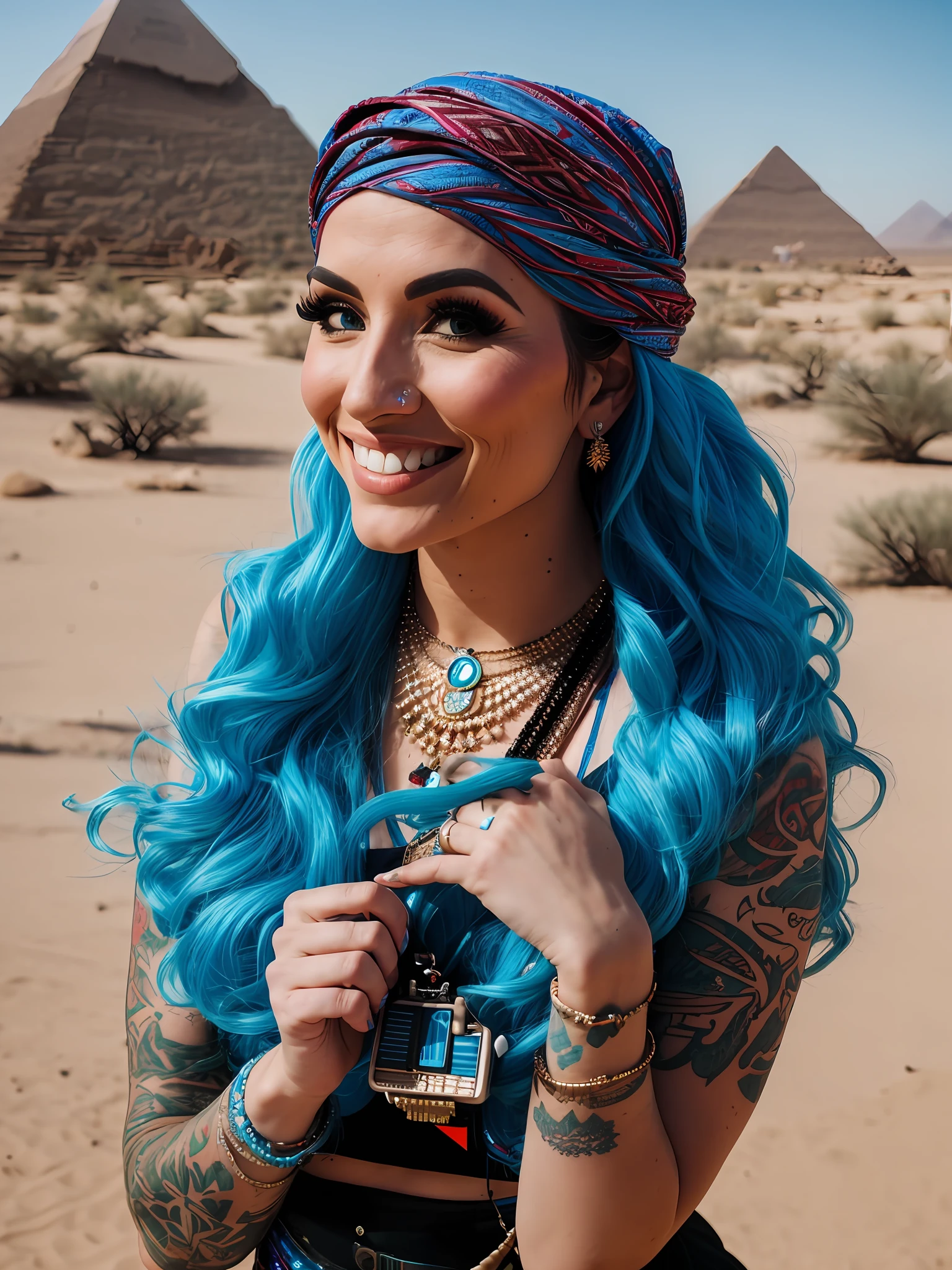 Pokket, filmed on DSLR, focusing on the rest of it 8K, detailed face, blue hair, 25-year-old woman, is in desert pyramid in bokeh background, Gopro camera, wearing Arabic clothes, black tattoos, smiling