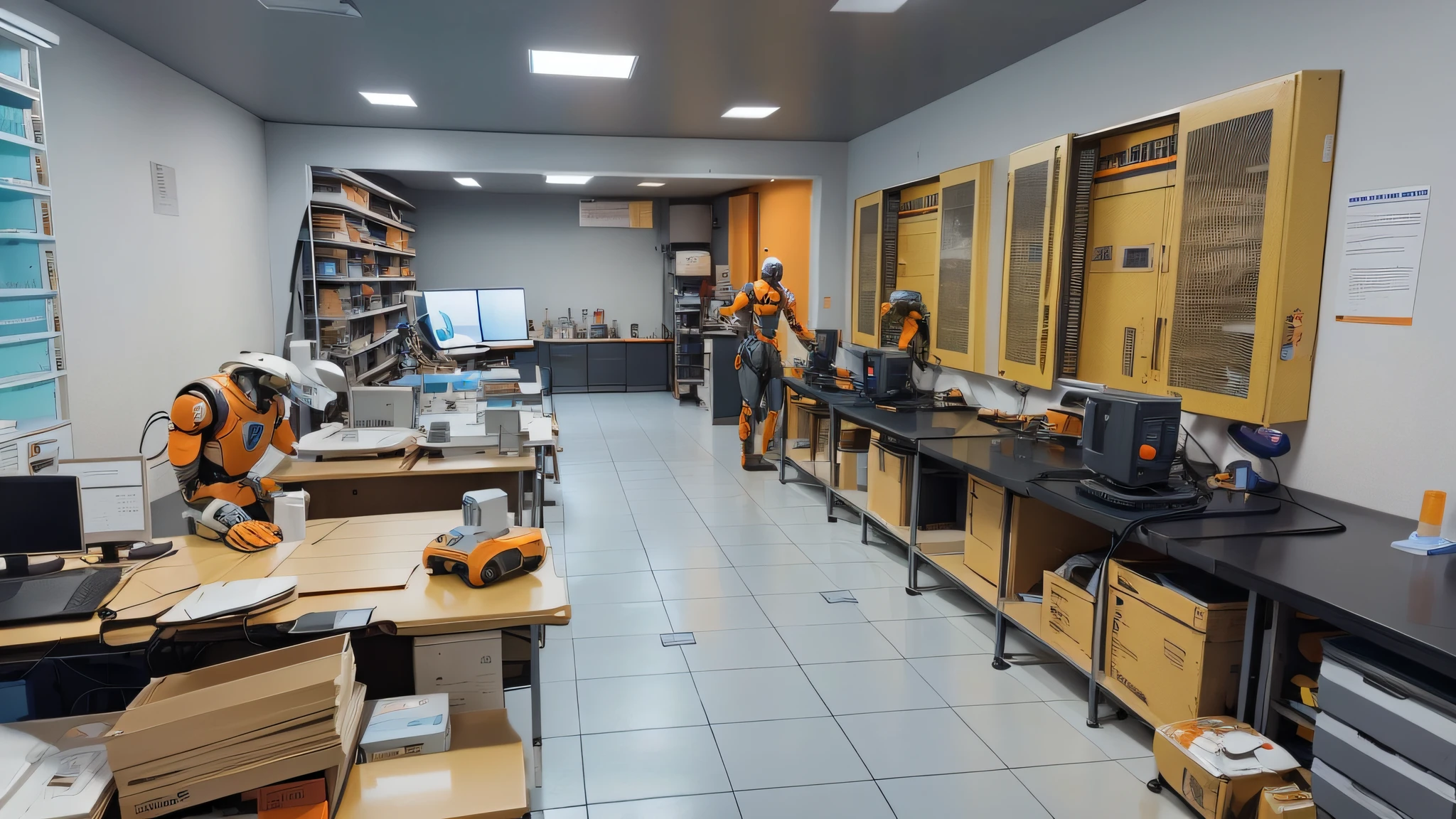 a group of scientists in a large, brightly lit room. They are surrounde by lab equipment, shelves of computer components, and various other technological devices. In the centre of the room is a human-like robot, dressed in silver and orange. It has a metal body, but it also has flexible plastic arms and hands which are designed to look like skin. The robot is standing in a pose of concentration, its hands placed together in front of its chest,. animação Pixar e Disney --AR 2:1 --auto --s2